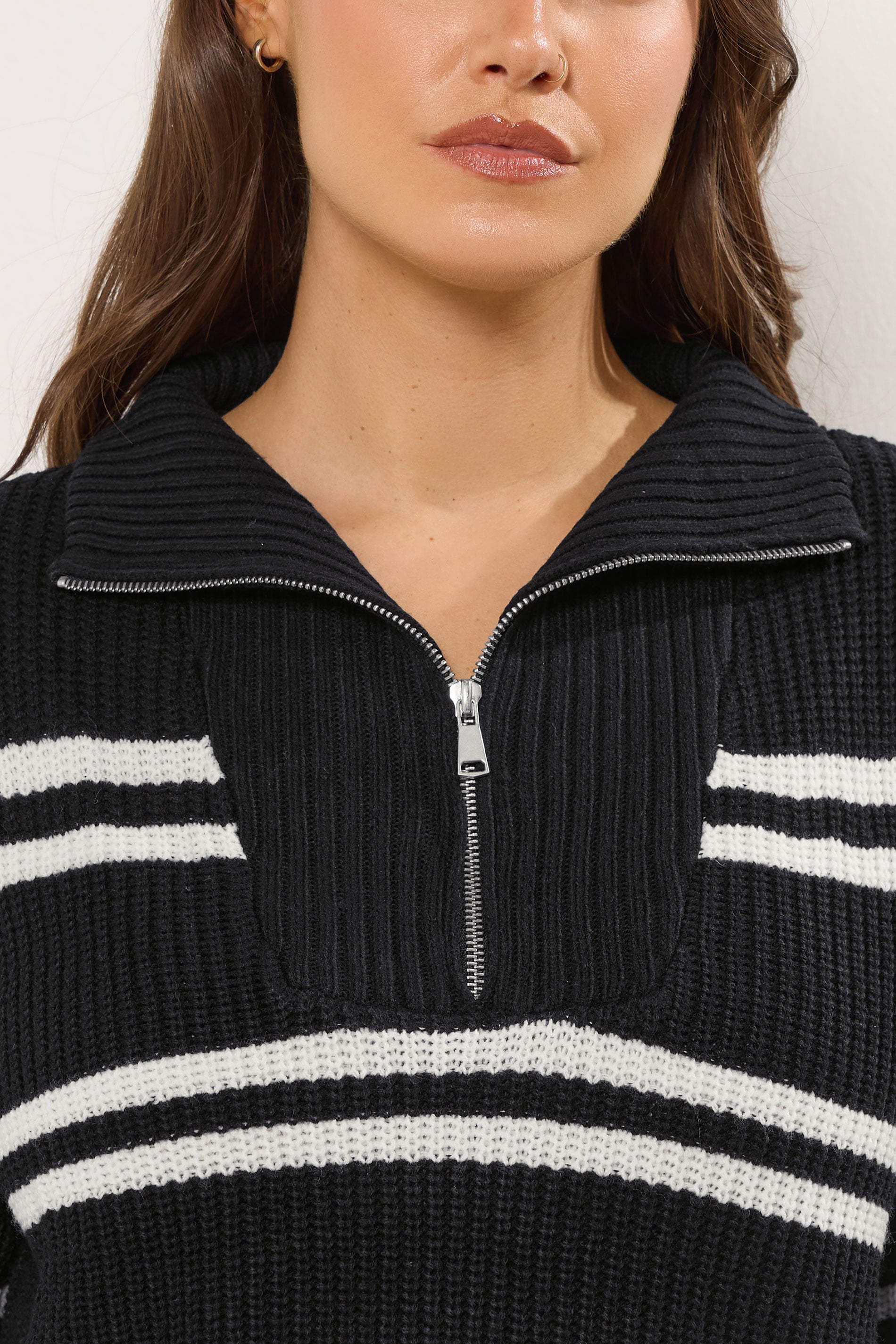 YOURS Plus Size Black Stripe Quarter Zip Jumper | Yours Clothing 4