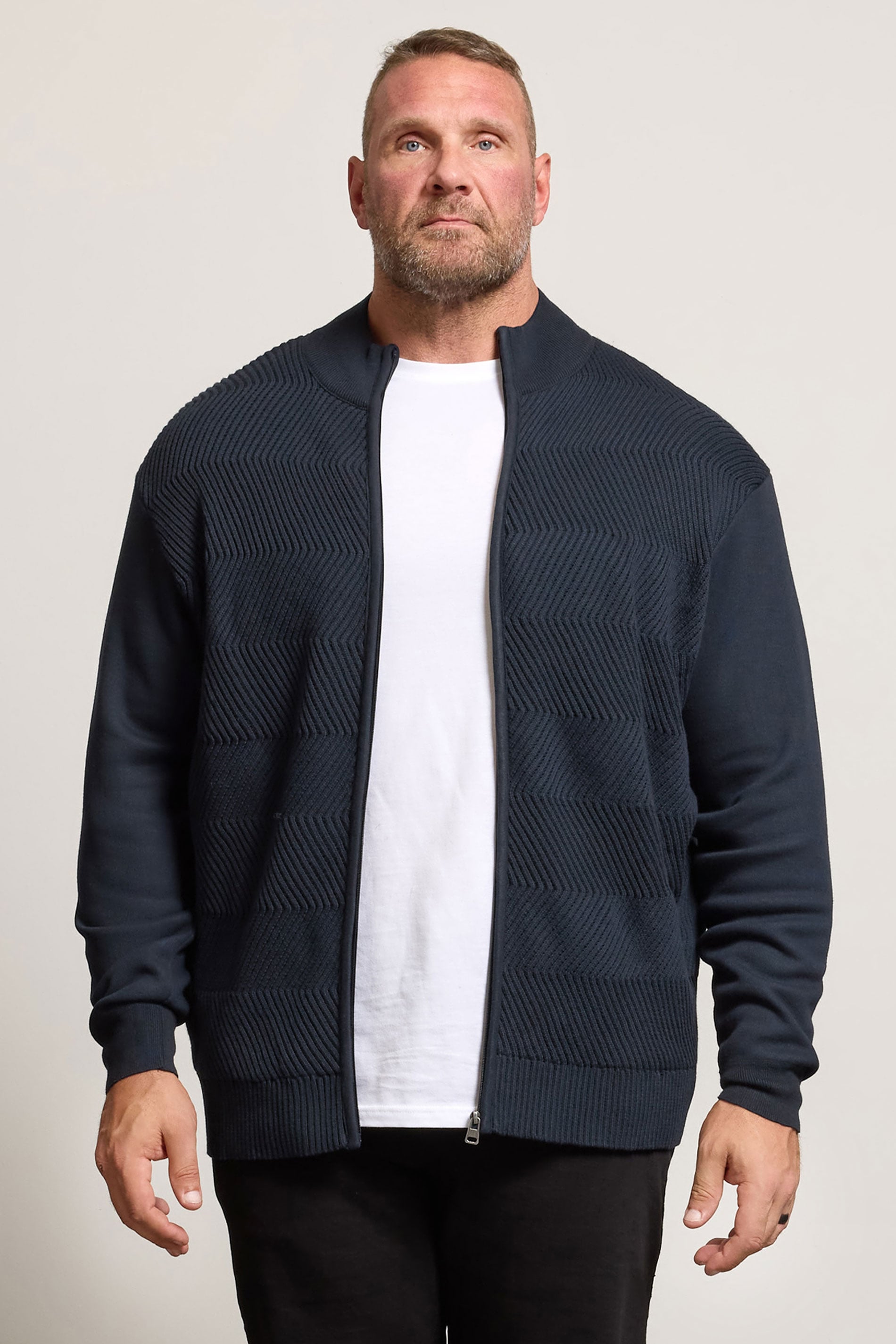 BadRhino Big & Tall Navy Blue Fleece Lined Ribbed Zip Through Ribbed Jumper | BadRhino 3