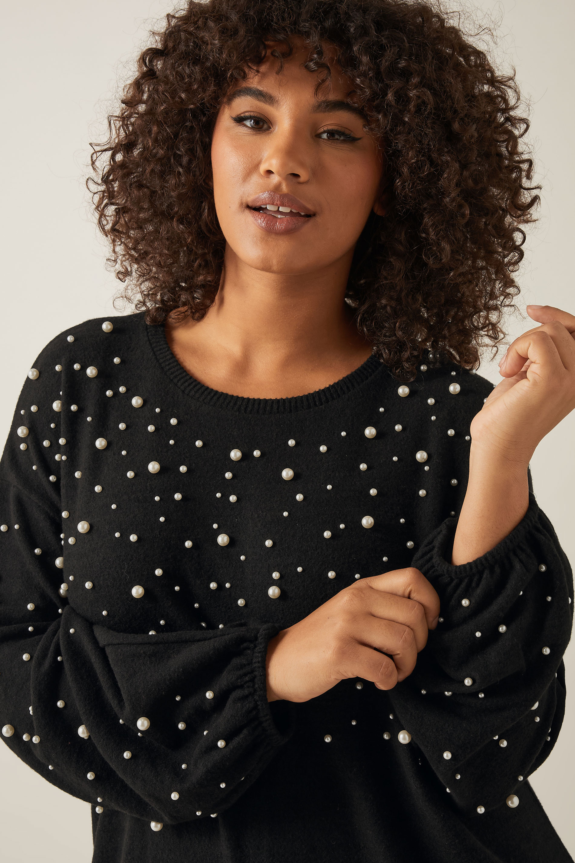 EVANS Plus Size Black Pearl Embellished Soft Touch Jumper Dress | Evans 5