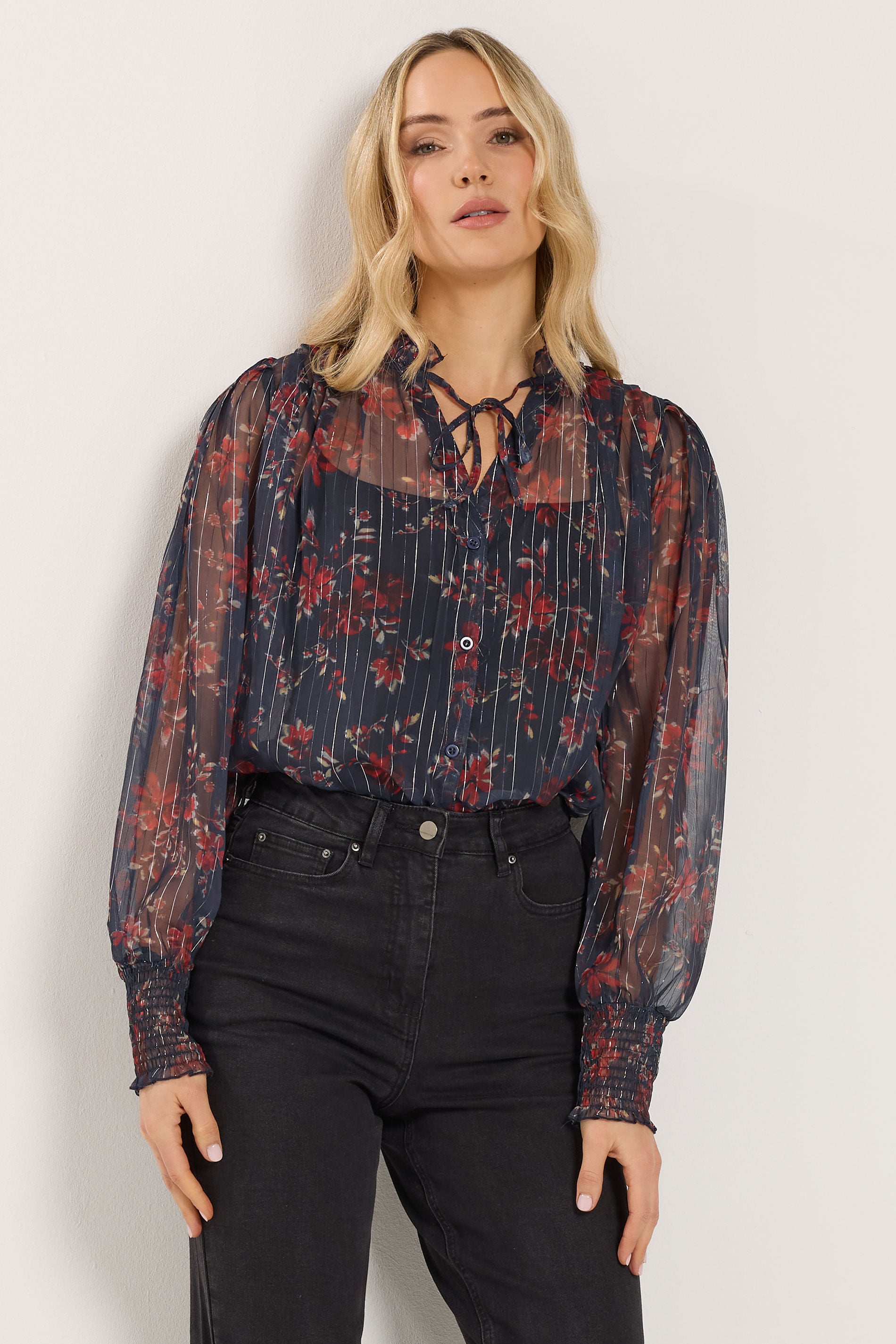 LTS Tall Navy Blue Floral Print Frill Neck Blouse | Long Tall Sally 1