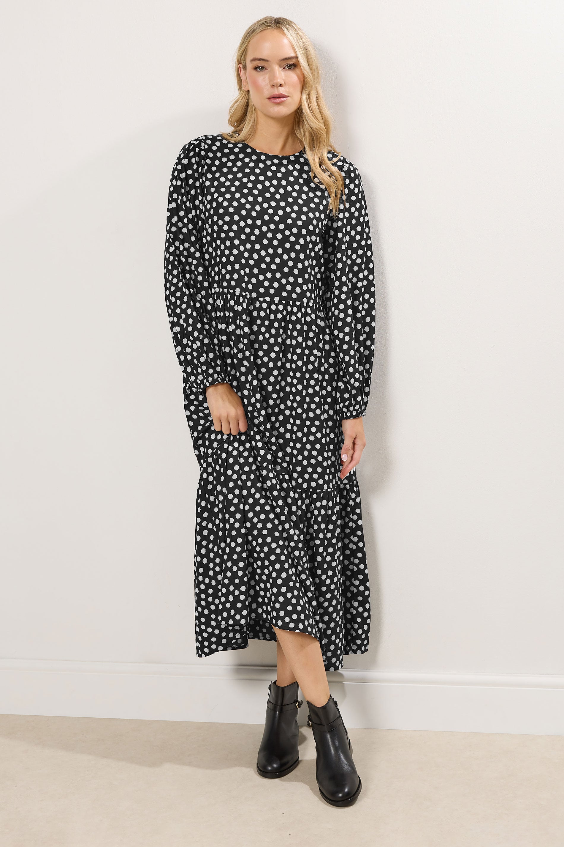 LTS Tall Women's Black Polka Dot Print Tiered Smock Dress | Long Tall Sally 1