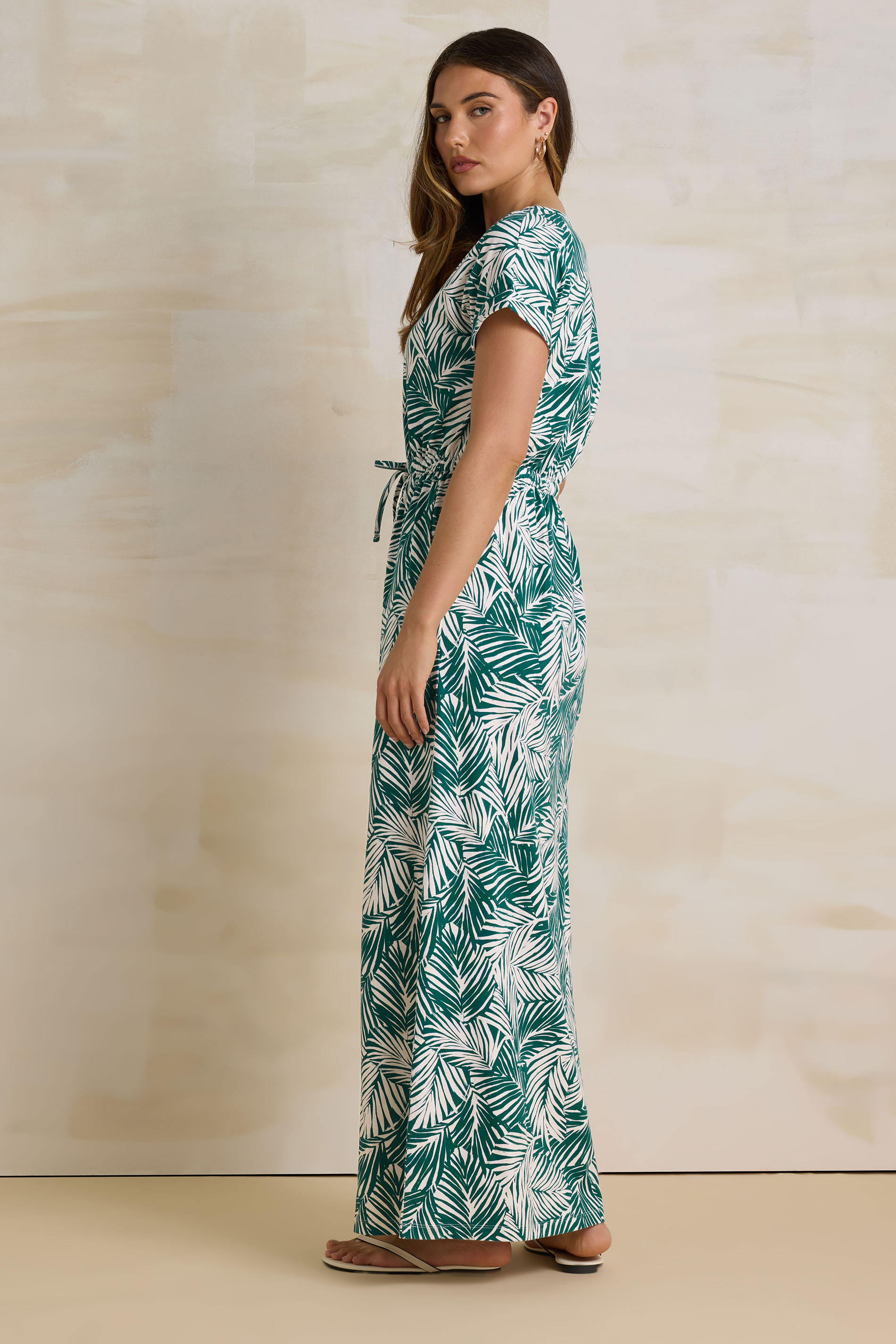 LTS Tall Green Tropical Palm Print Cotton Drawstring Maxi Dress | Long Tall Sally 4
