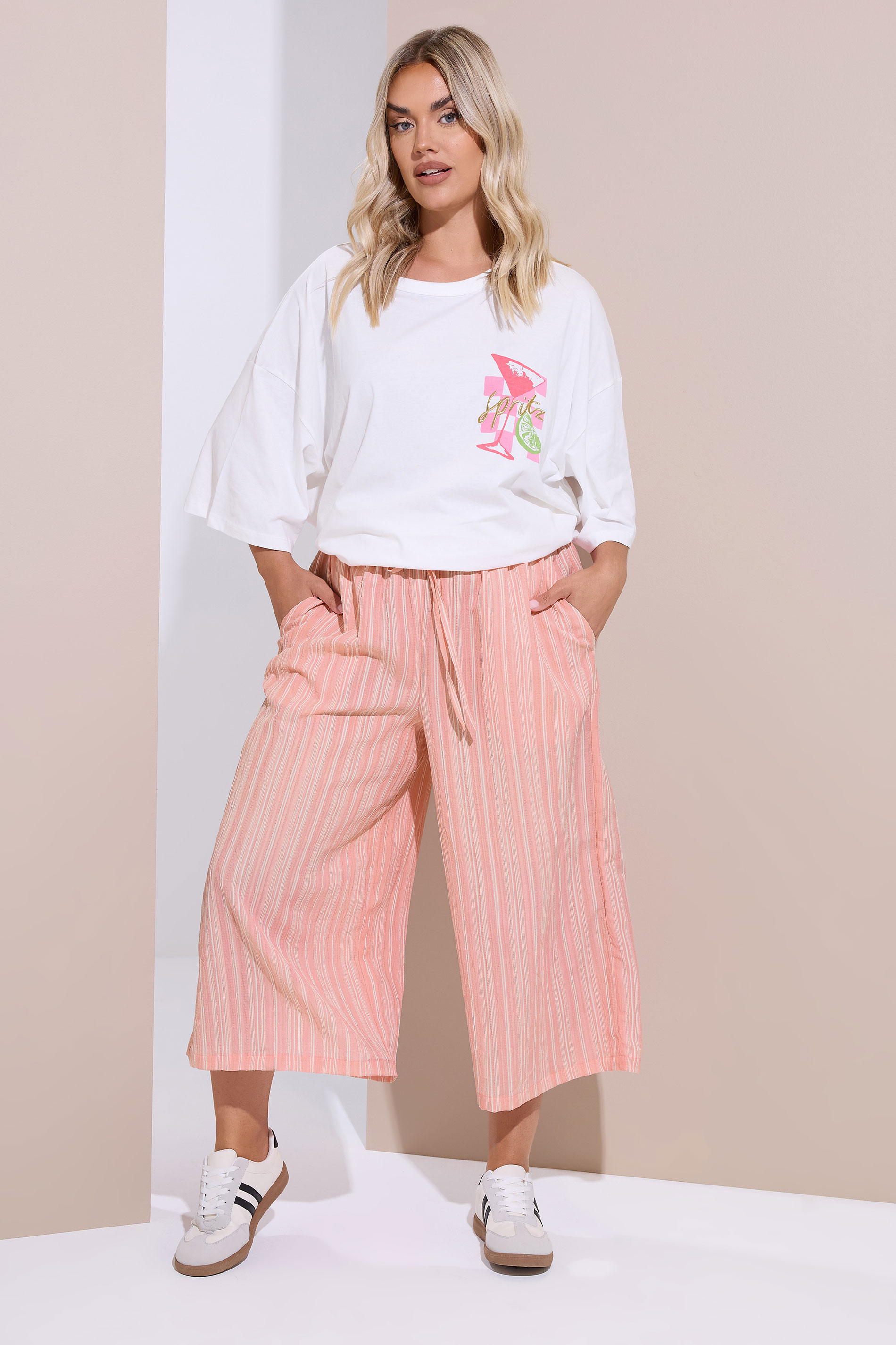 YOURS Plus Size Pink Stripe Textured Cropped Trousers | Yours Clothing 1