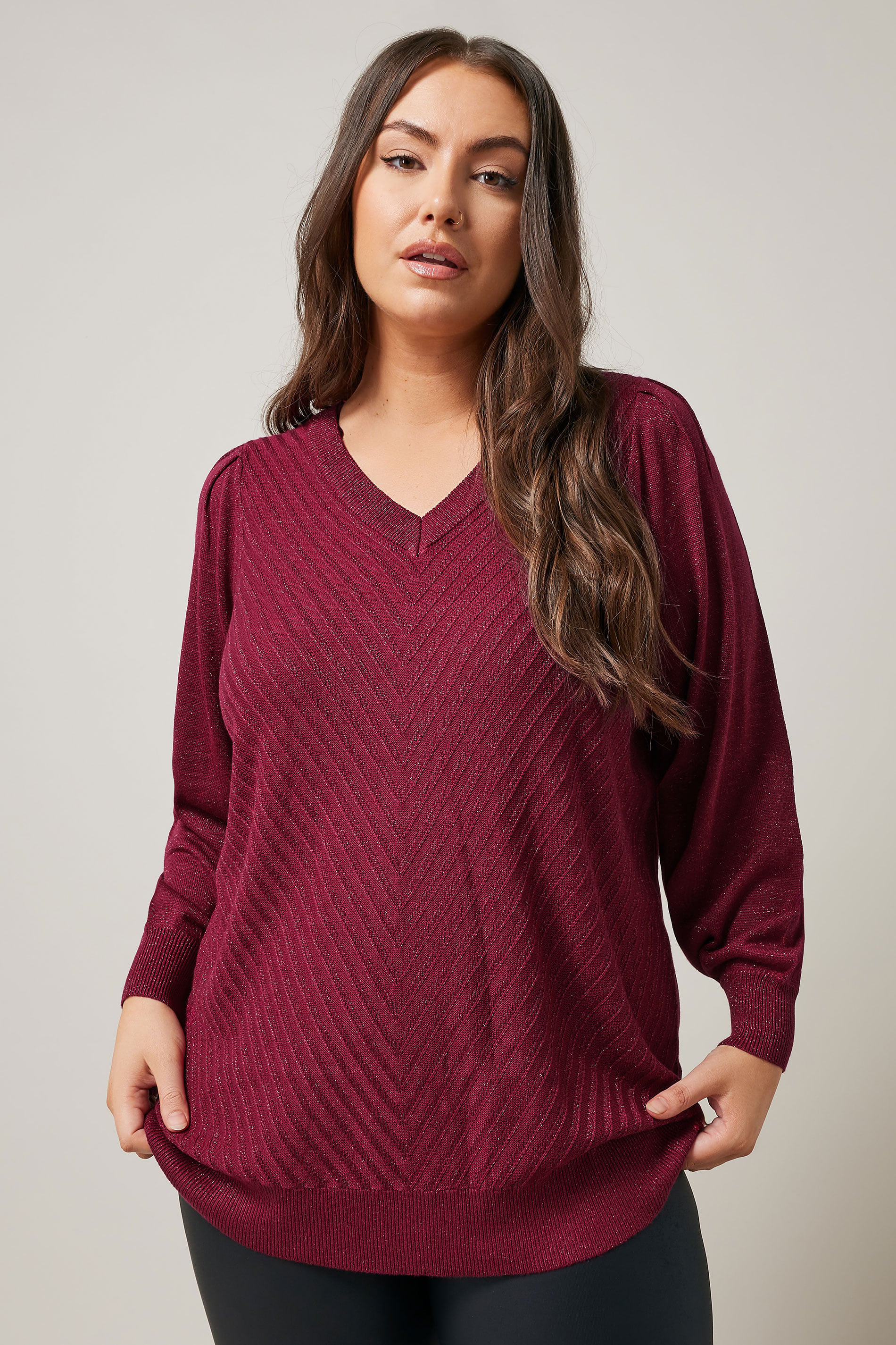 EVANS Plus Size Burgundy Red Metallic Knitted Jumper | Evans 1