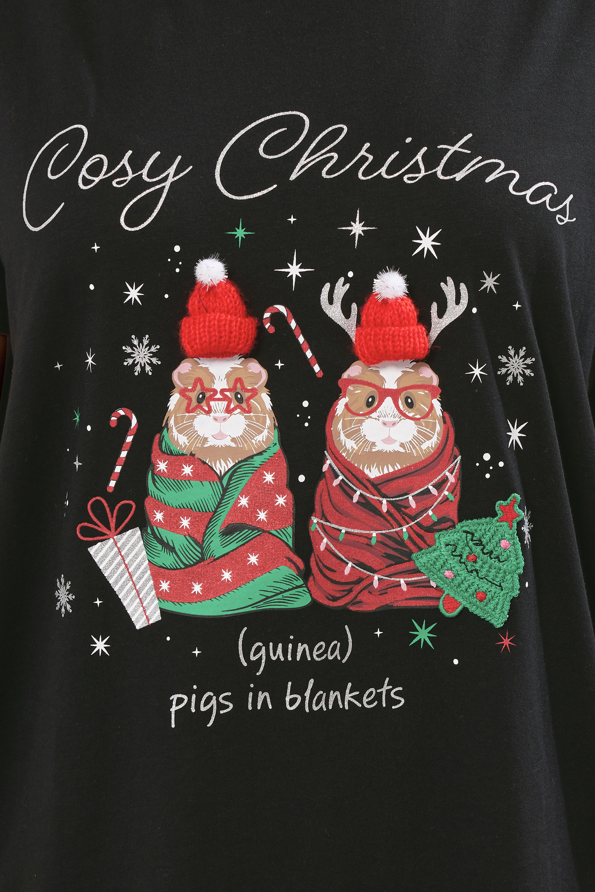 YOURS Plus Size Black Glitter 'Cosy Christmas' Guinea Pig Novelty T-Shirt | Yours Clothing 5