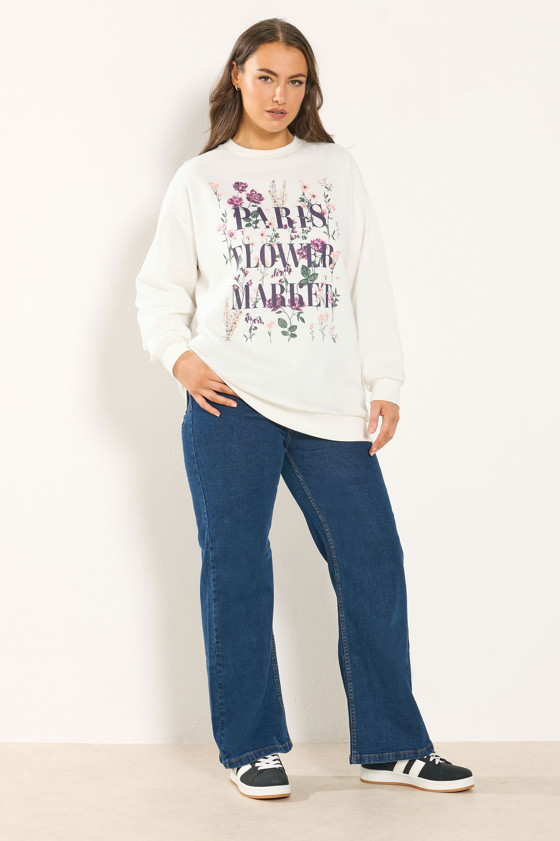 YOURS Plus Size White 'Paris Flower Market' Floral Sweatshirt | Yours Clothing 1
