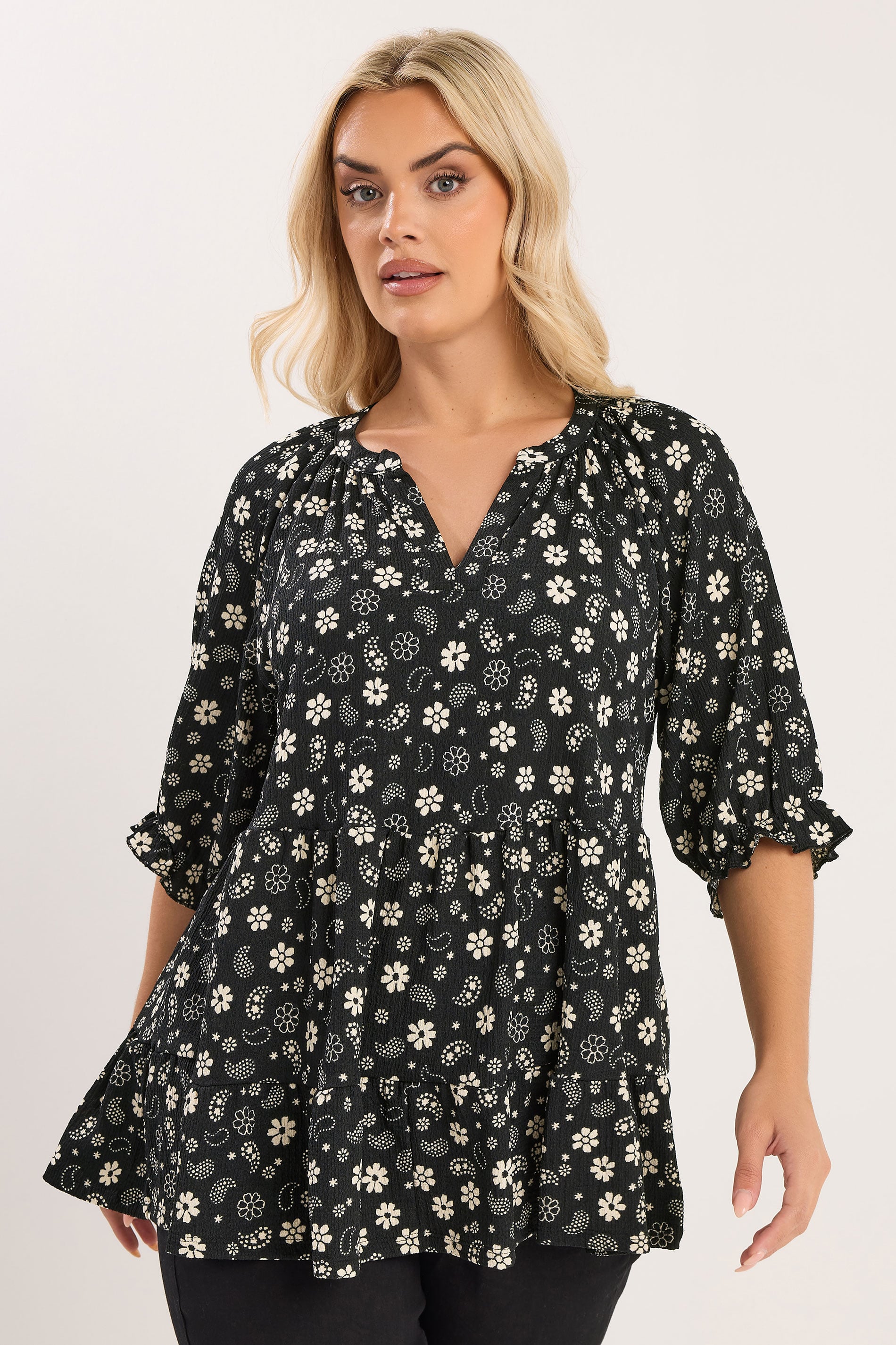 YOURS Plus Size Black Floral Paisley Print Tiered Top | Yours Clothing 3