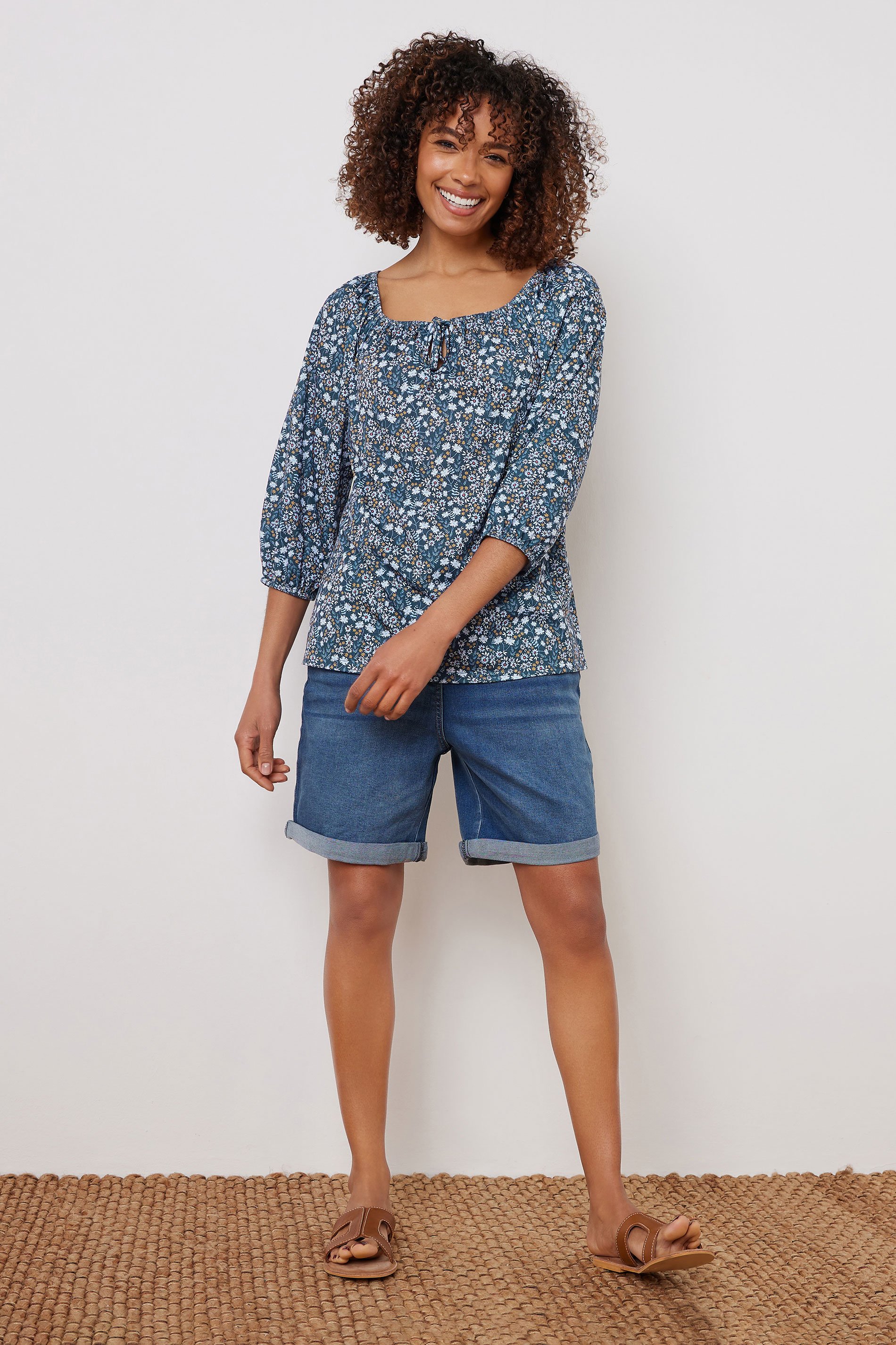 M&Co Navy Blue Ditsy Print Tie Neck Top | M&Co 2