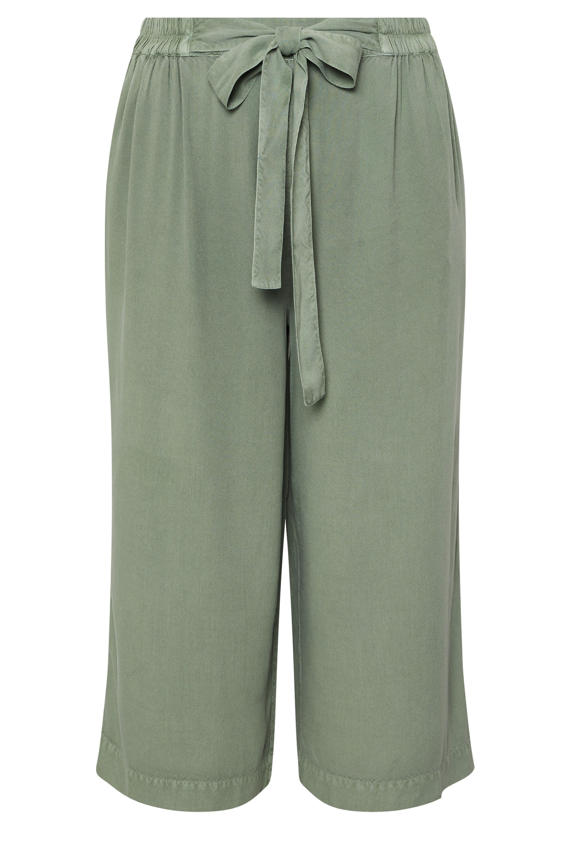 YOURS Plus Size Sage Green Chambray Tie Waist Cropped Trousers | Yours Clothing 5