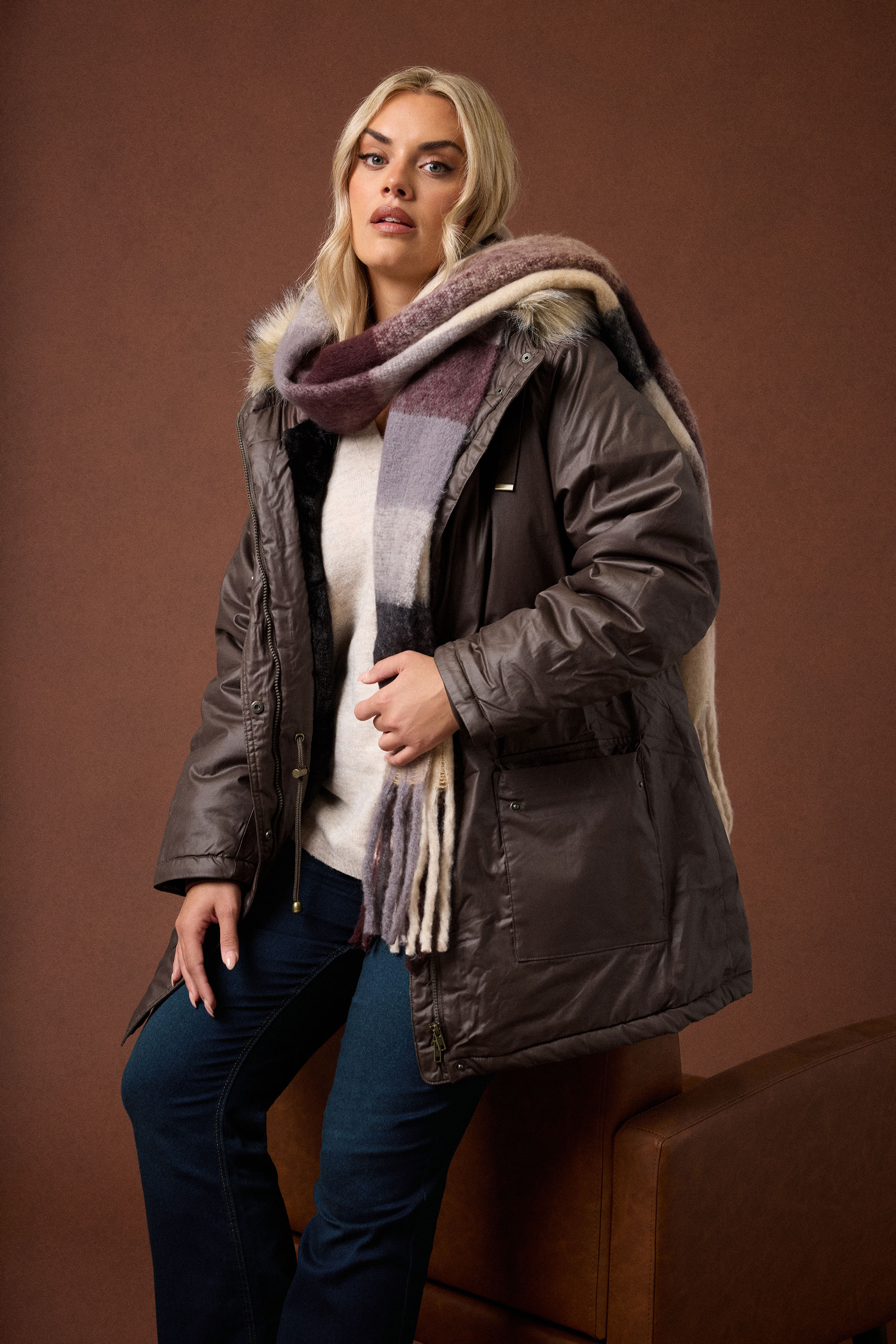 YOURS Plus Size Brown Waxed Faux Fur Trim Parka Coat | Yours Clothing 5