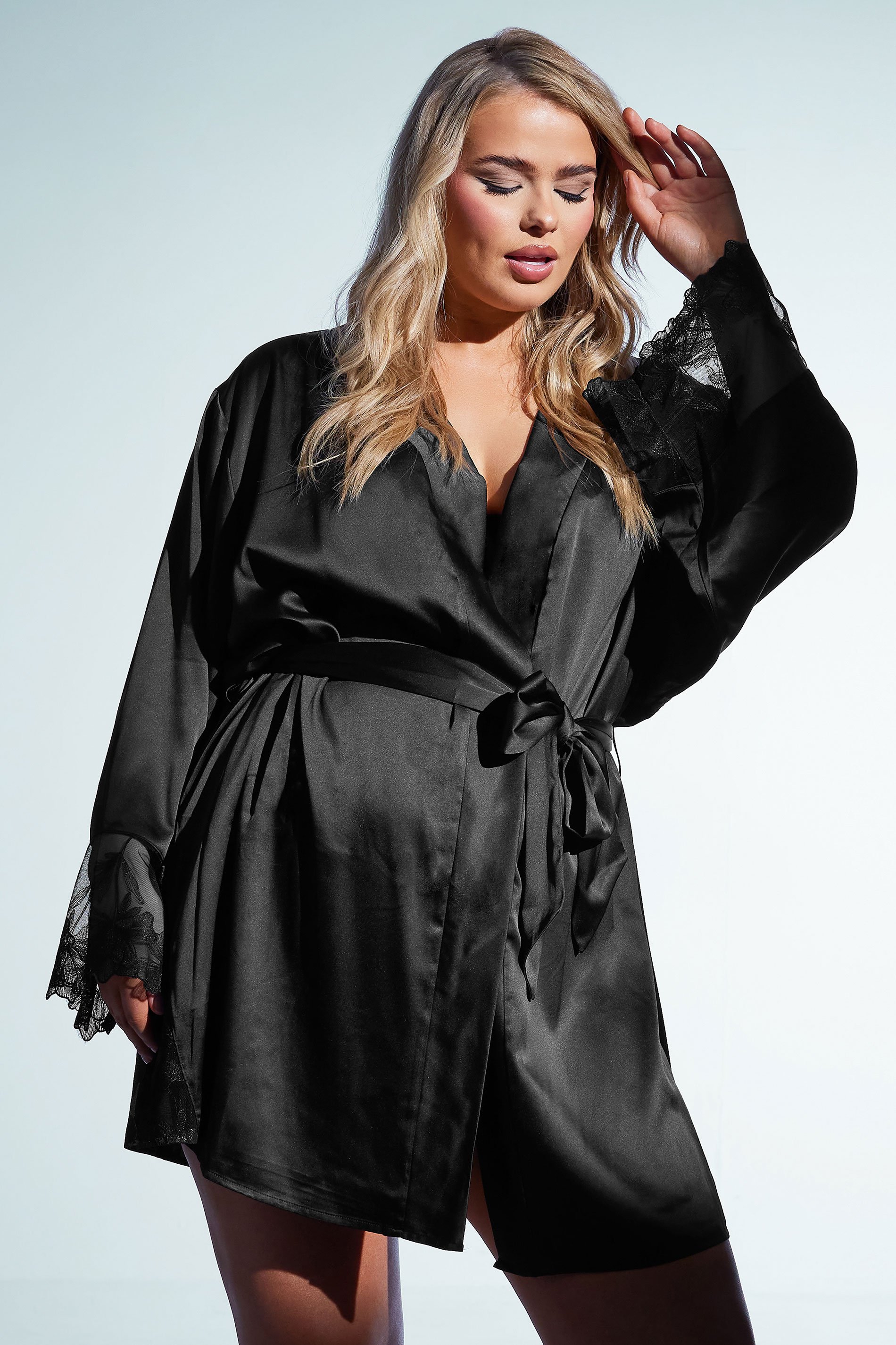 PLAYFUL PROMISES Black Satin Embroidered Robe | Yours Clothing 1