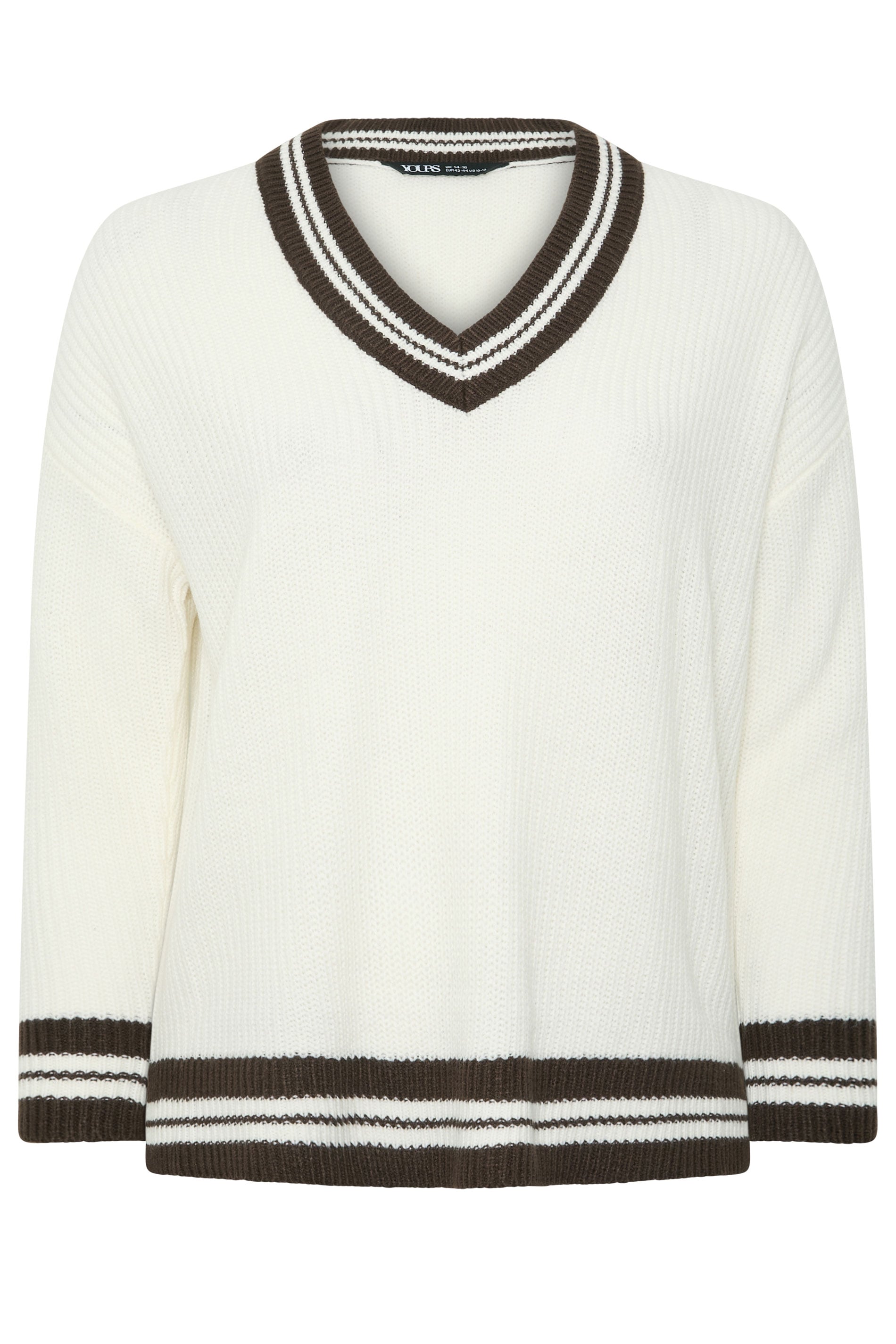 YOURS Plus Size White & Brown Knitted Tennis Jumper | Yours Clothing 1