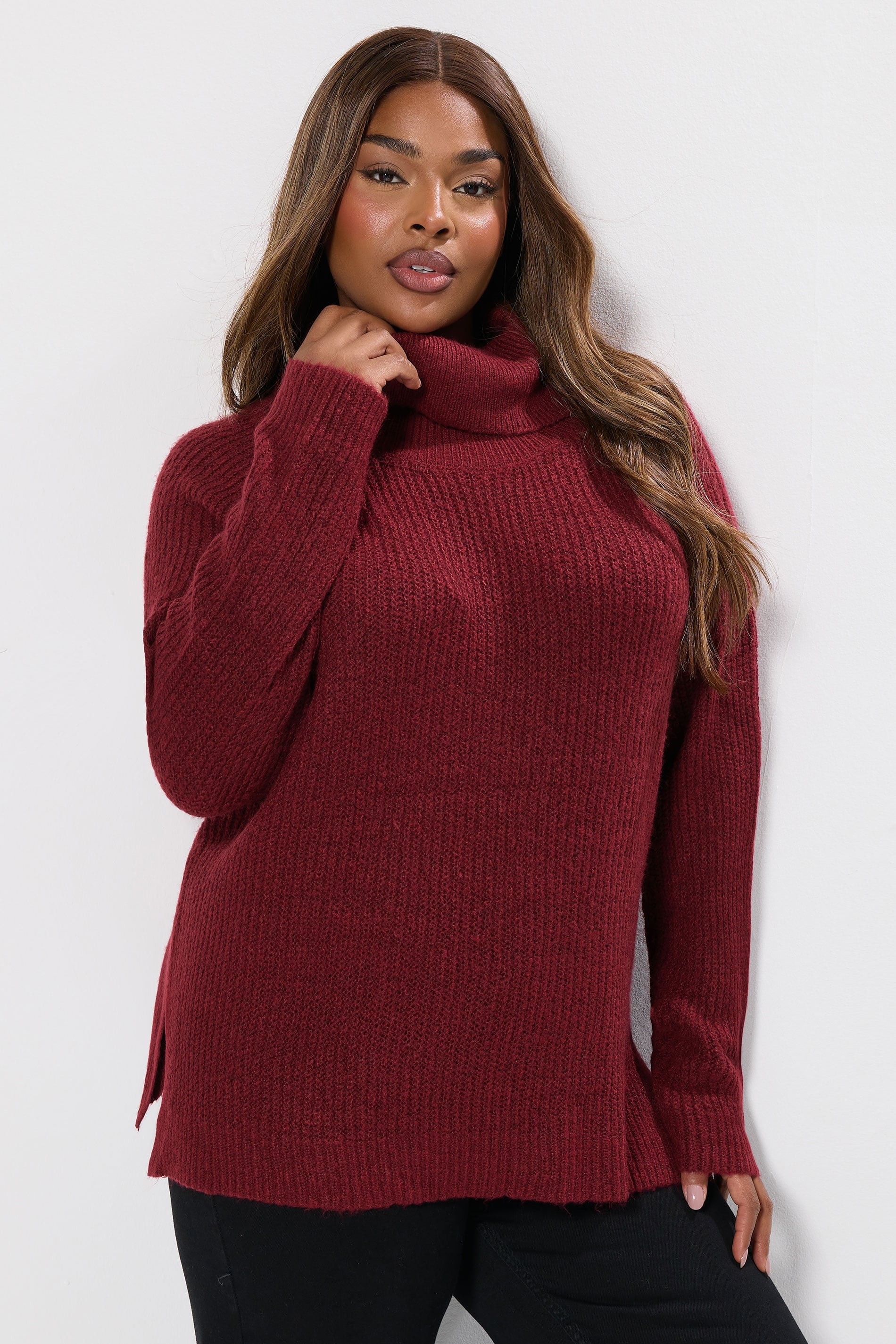 YOURS Plus Size Burgundy Red Roll Neck Knitted Jumper | Yours Clothing 3