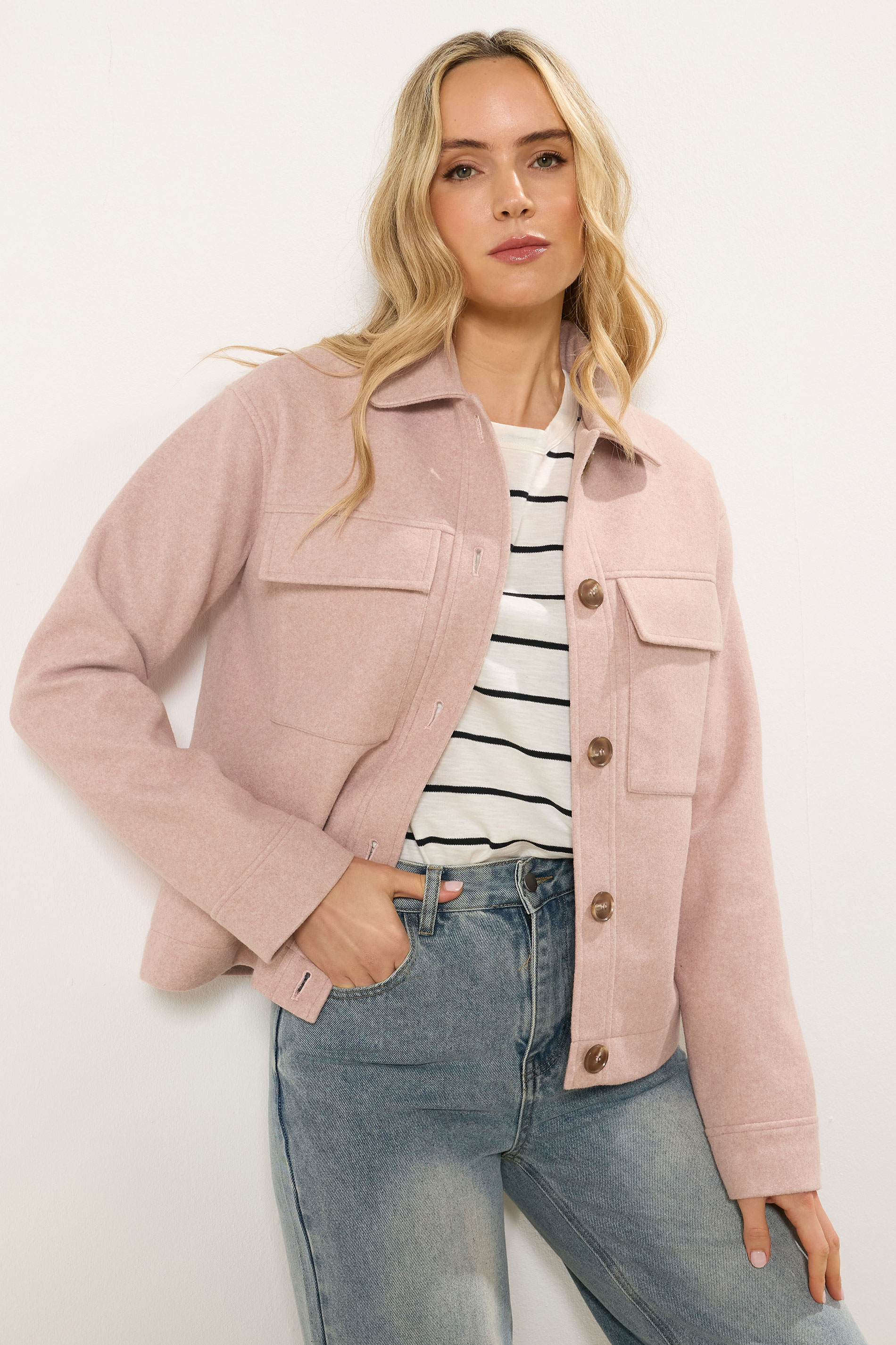 LTS Tall Light Pink Brushed Button Trucker Jacket | Long Tall Sally 1