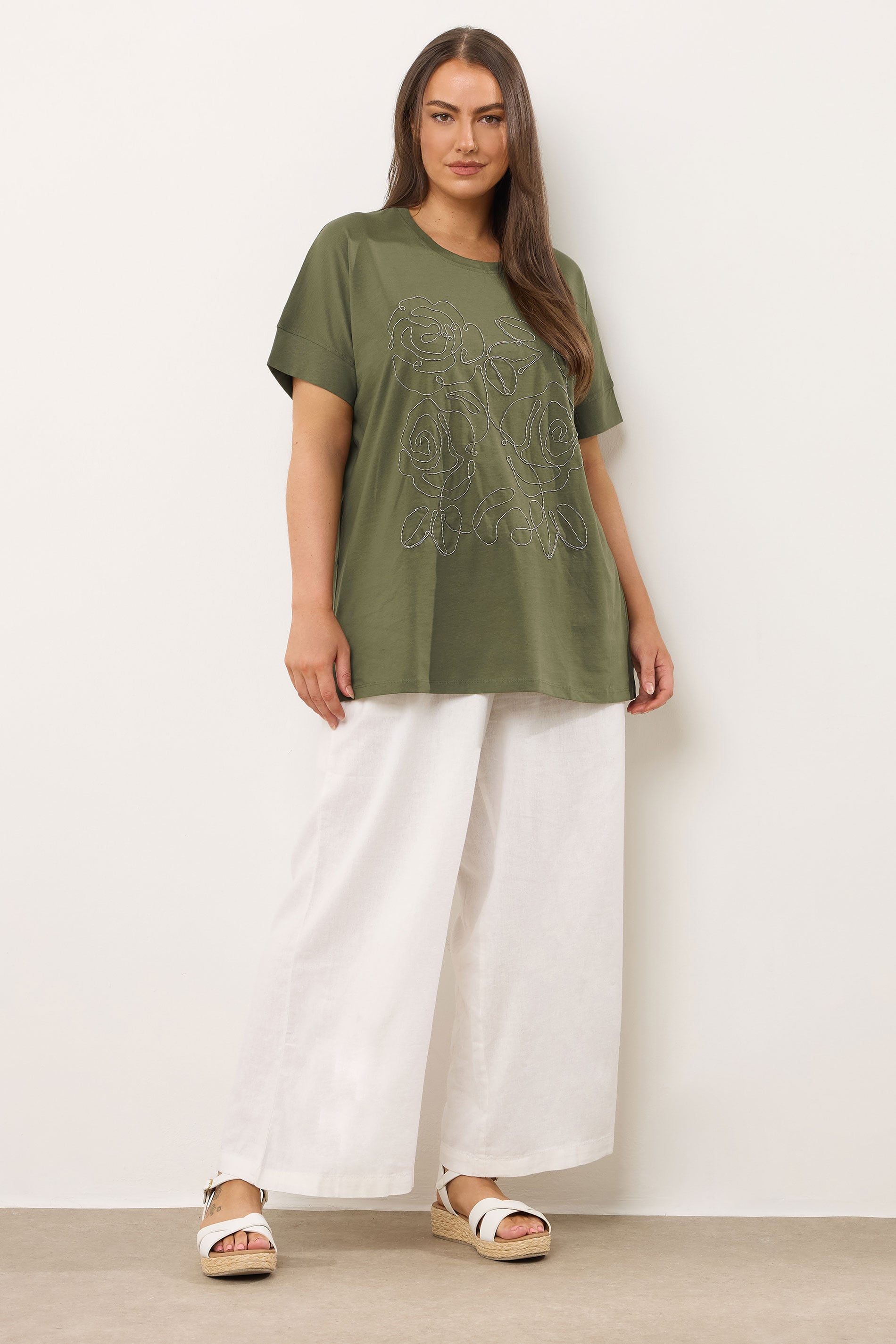 EVANS Plus Size Khaki Green Floral Chain Detail Cotton T-Shirt | Evans 1