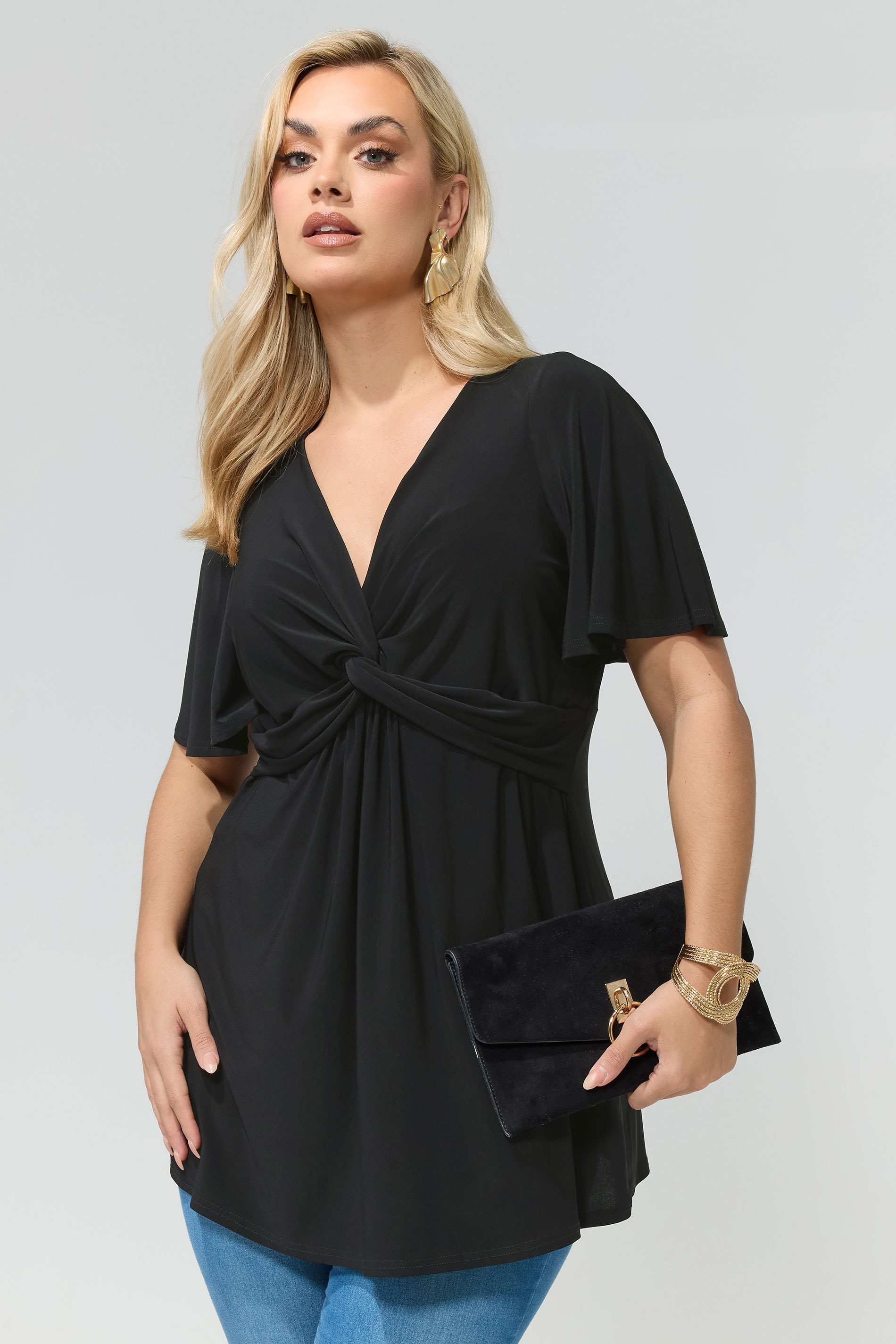 YOURS LONDON Plus Size Black Knot Detail Front Short Sleeve Top | Yours Clothing 3