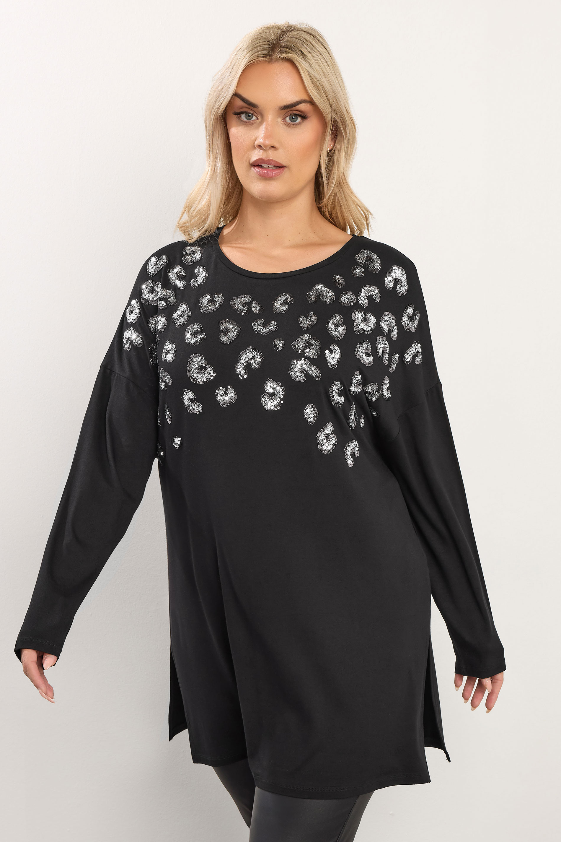 YOURS Plus Size Black Leopard Sequin Long Sleeve Top | Yours Clothing 3