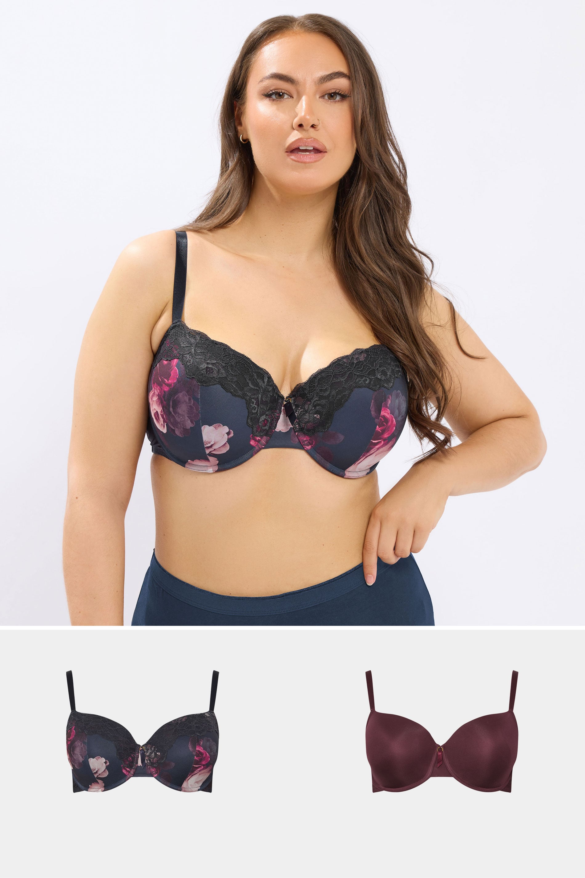 YOURSET 2 PACK Plus Size Navy Blue Floral Print T-Shirt Bras | Yours Clothing 1
