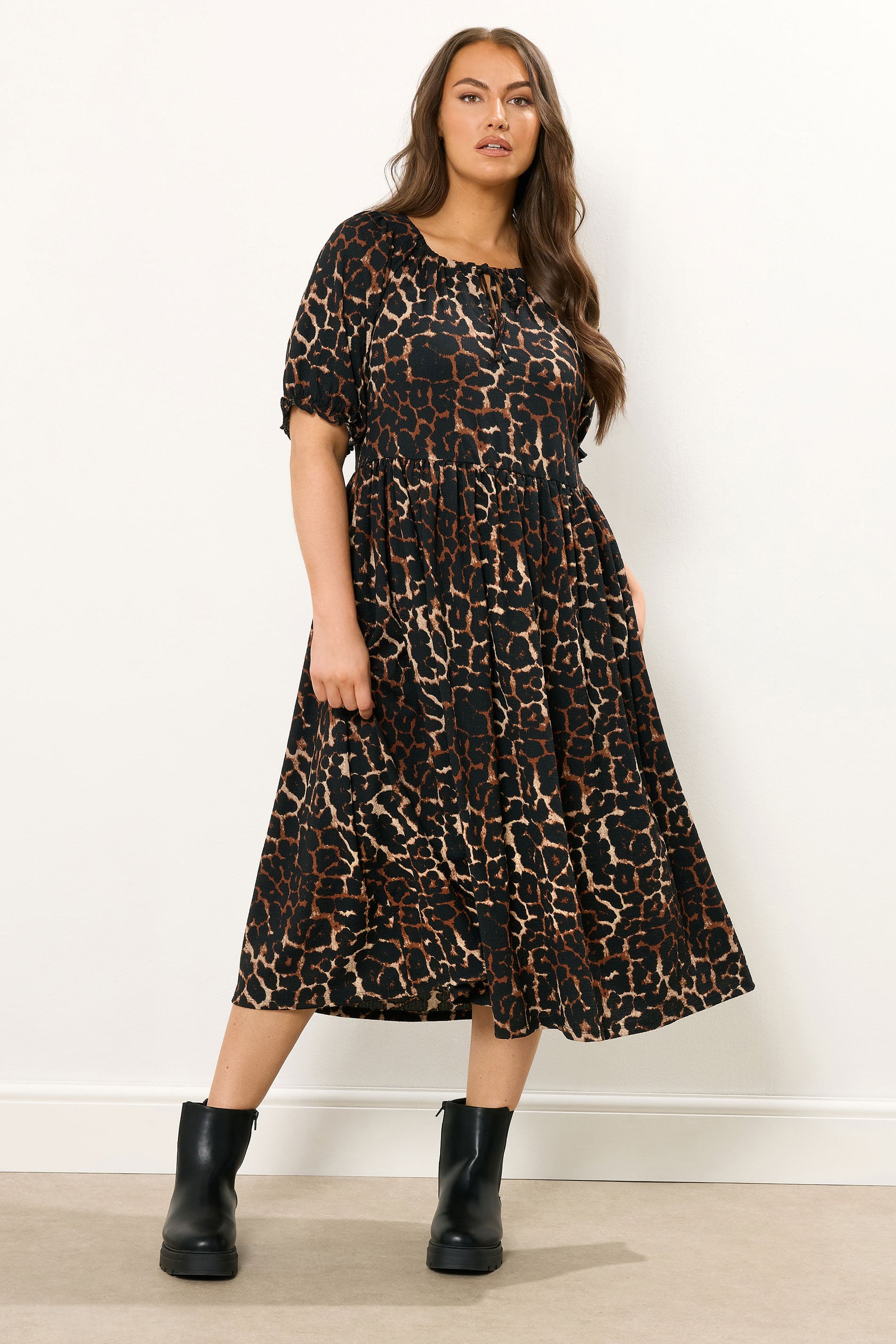 YOURS Plus Size Black Leopard Print Tie Neck Midi Dress | Yours Clothing 3