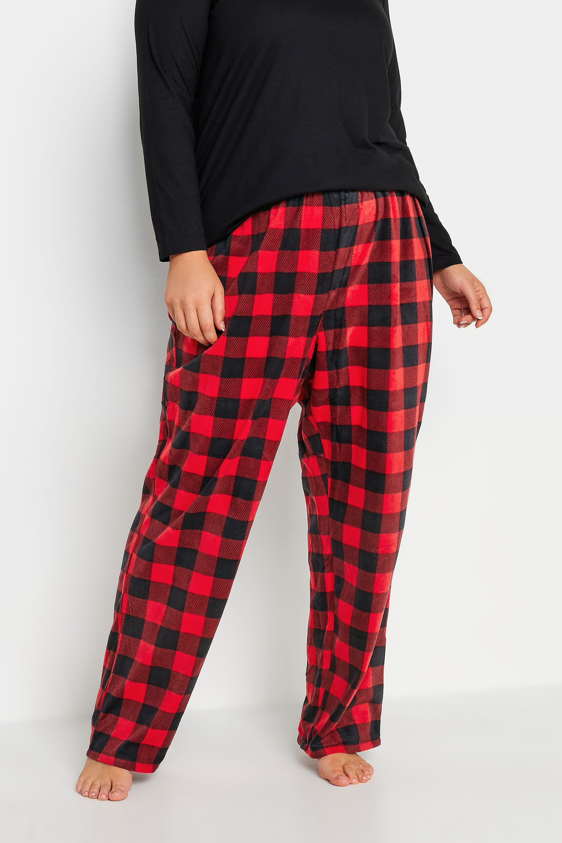 YOURS Curve Plus Size Red Tartan Print Fleece Pyjama Bottoms | Yours Clothing  2