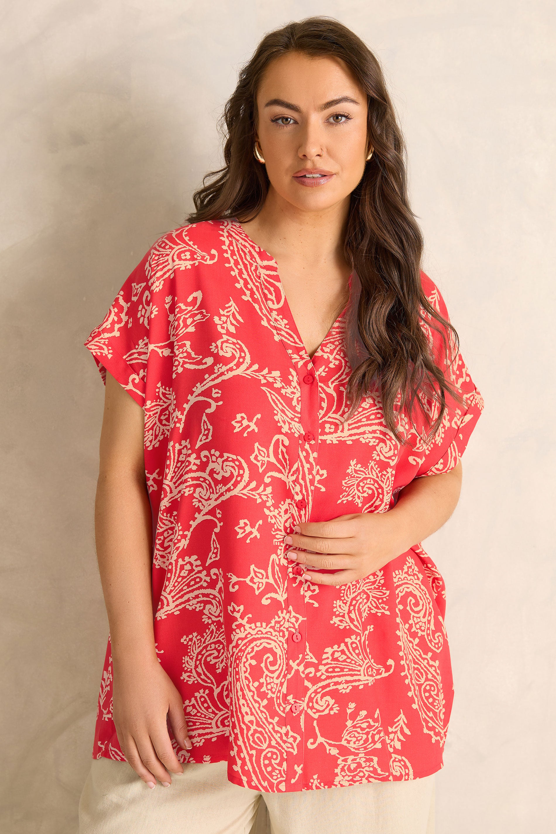 Evans Women's Red Plus Paisley Notch Neck Modal Shirt Size 22-24