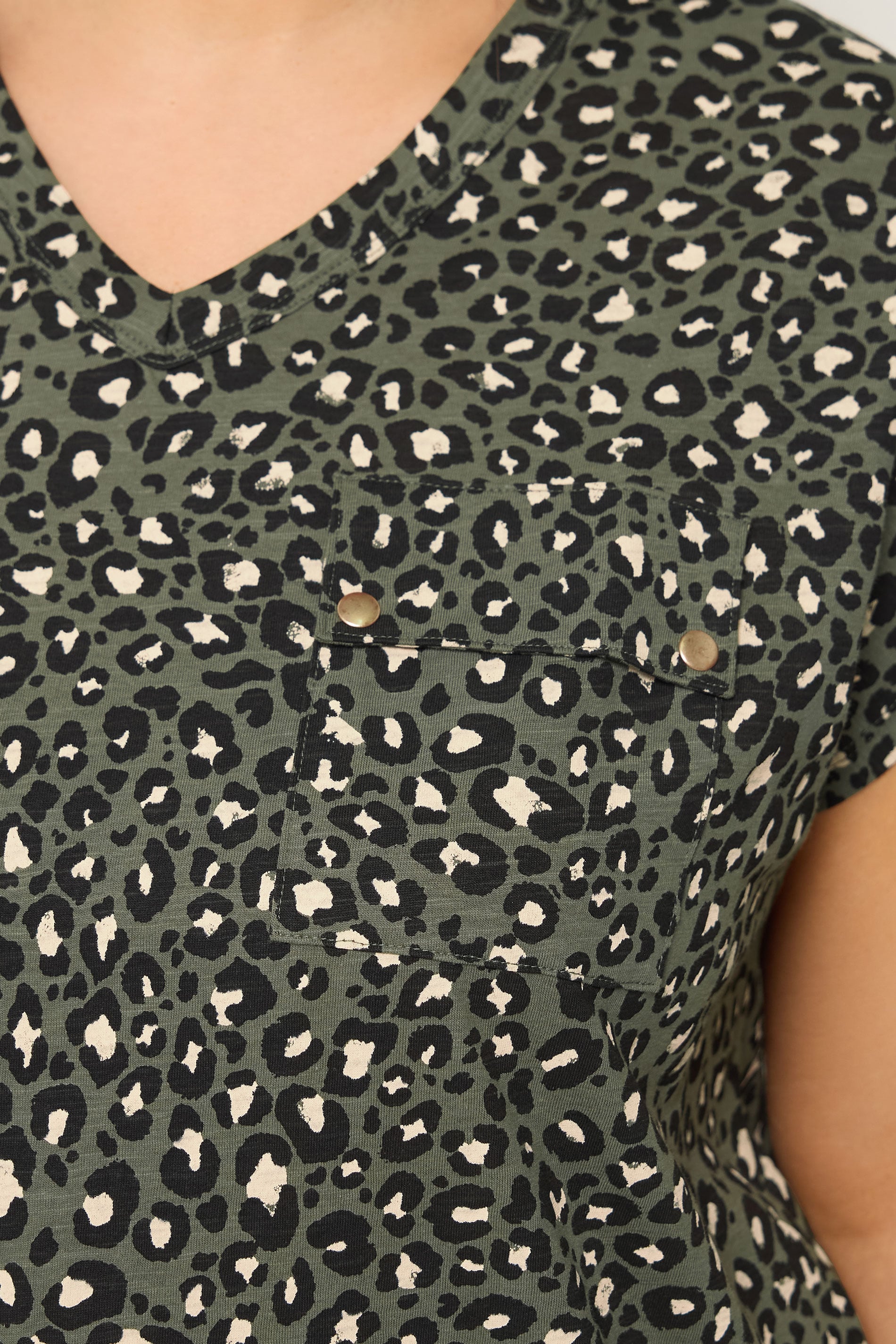YOURS Plus Size Khaki Green Leopard Stud Pocket T-Shirt | Yours Clothing 4