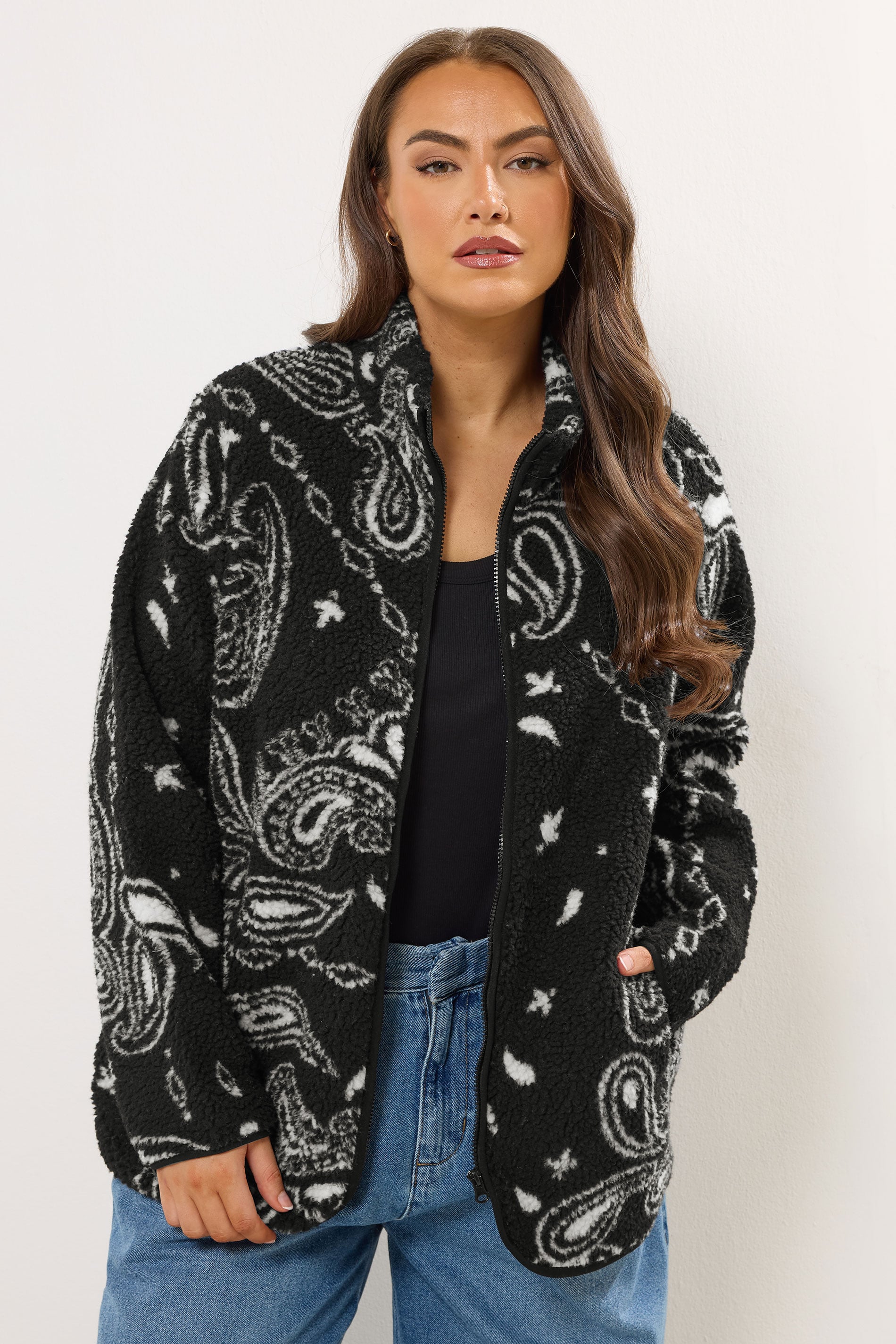 YOURS Plus Size Black Paisley Print Teddy Fleece Jacket | Yours Clothing 3
