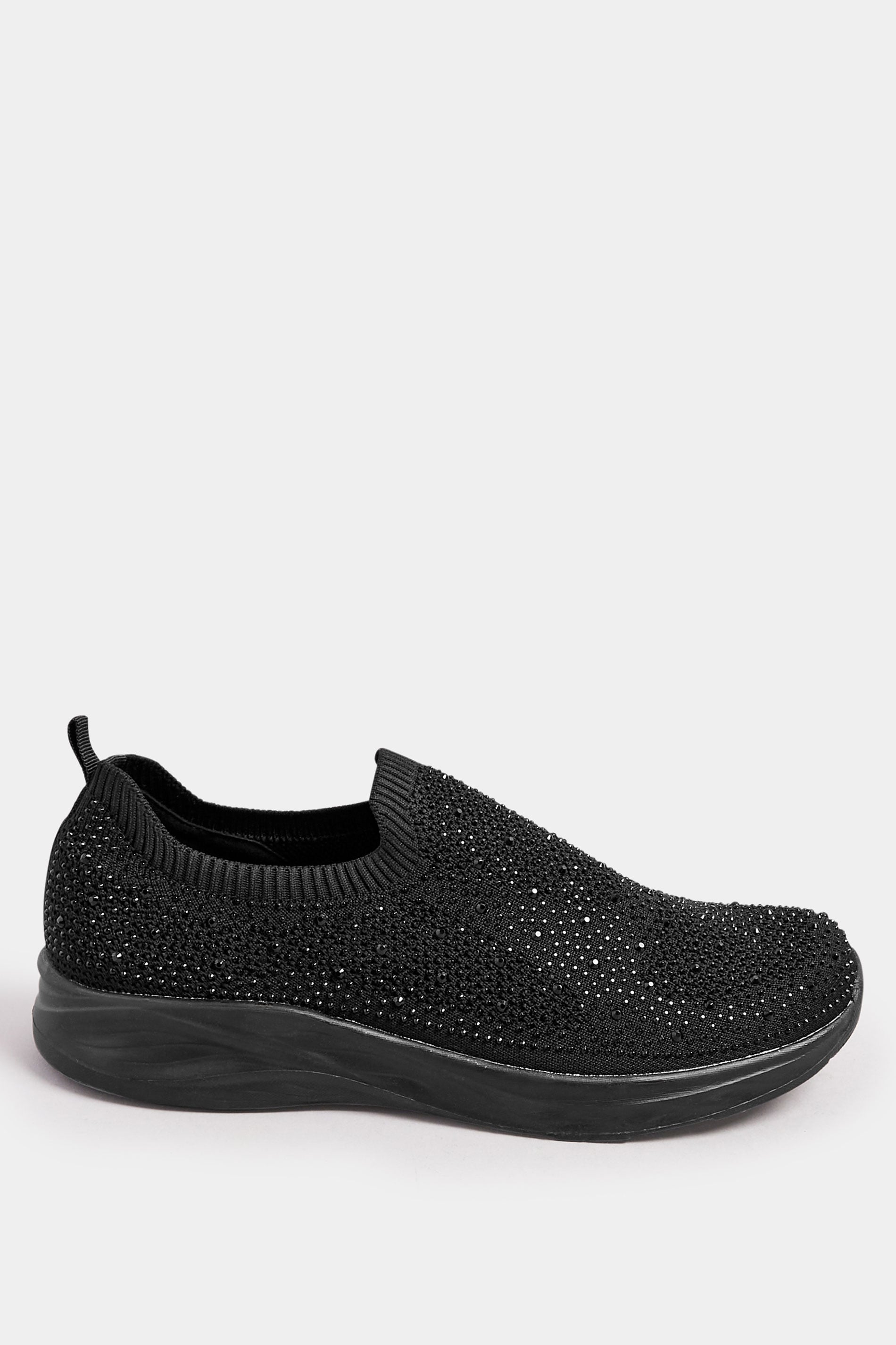 Black Diamante Knitted Slip On Trainers In Extra Wide EEE Fit | Yours Clothing 2