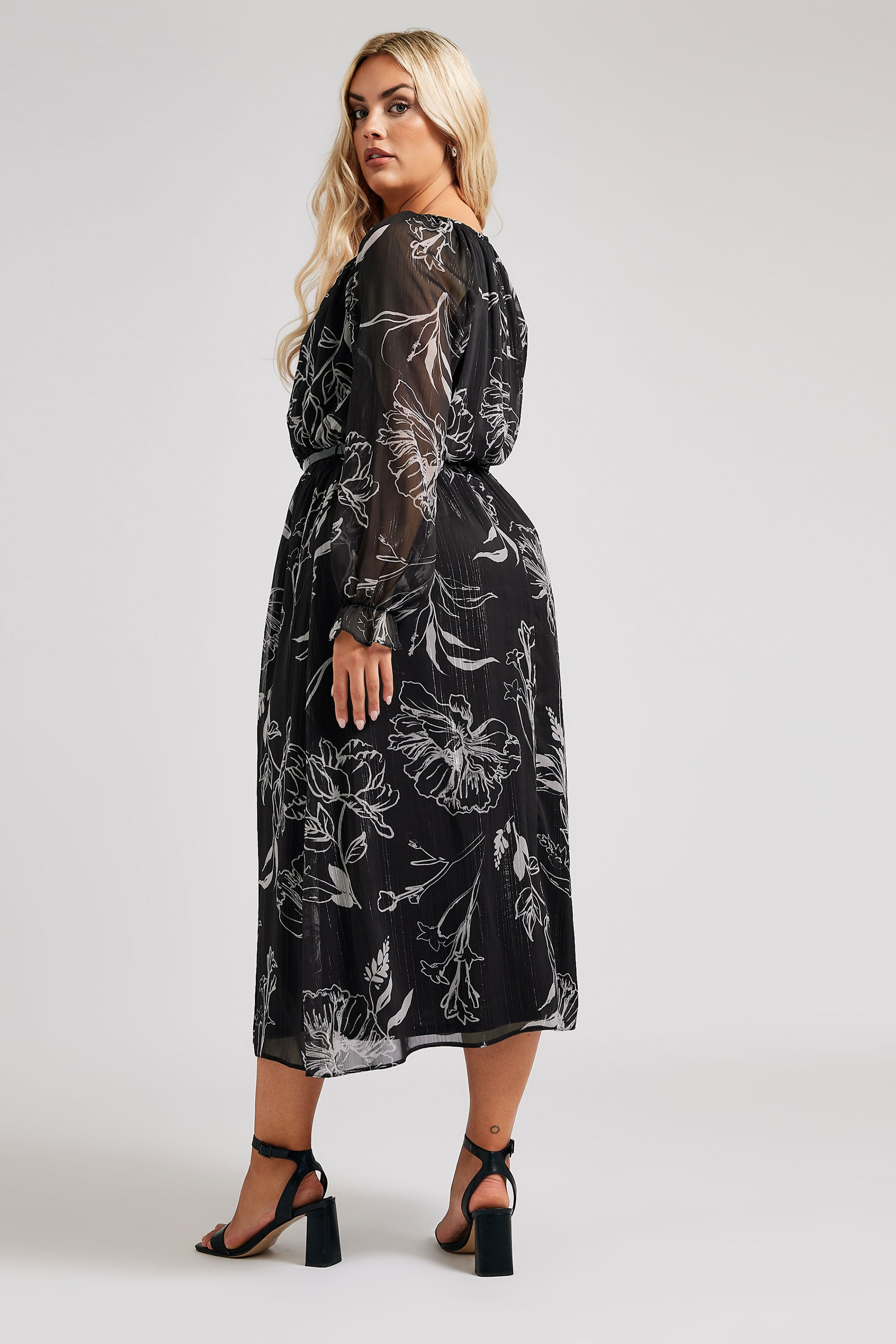 YOURS LONDON Plus Size Black & White Floral Print Metallic Maxi Dress | Yours Clothing 5