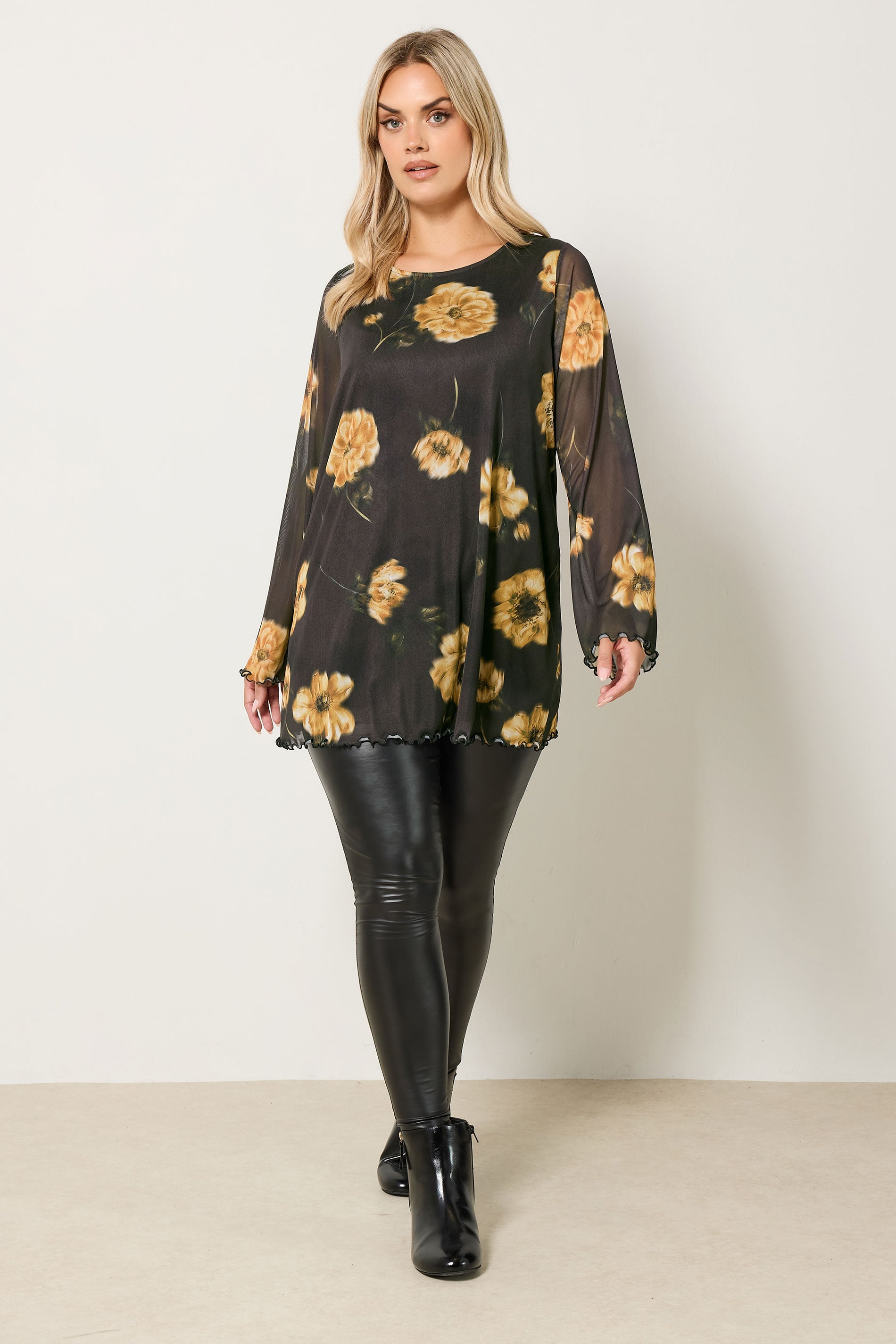 YOURS Plus Size Brown Floral Mesh Swing Top | Yours Clothing 1