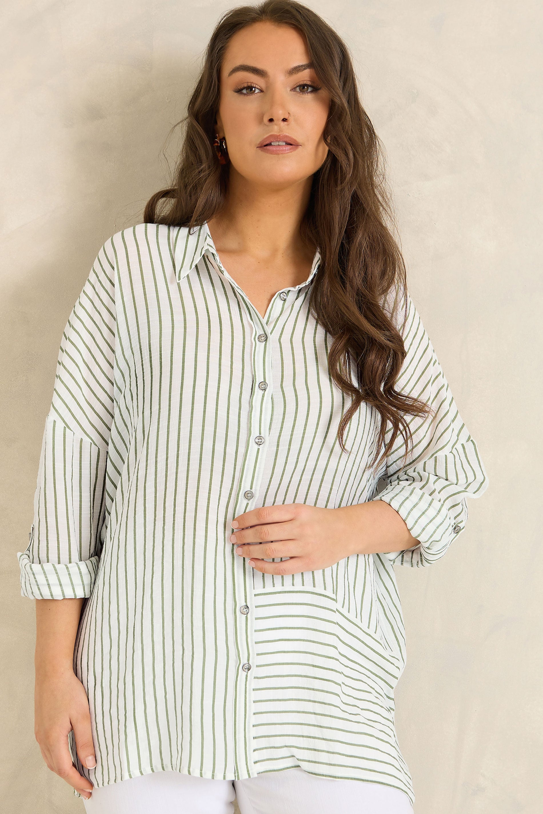 EVANS Plus Size White & Green Stripe Shirt | Evans 1