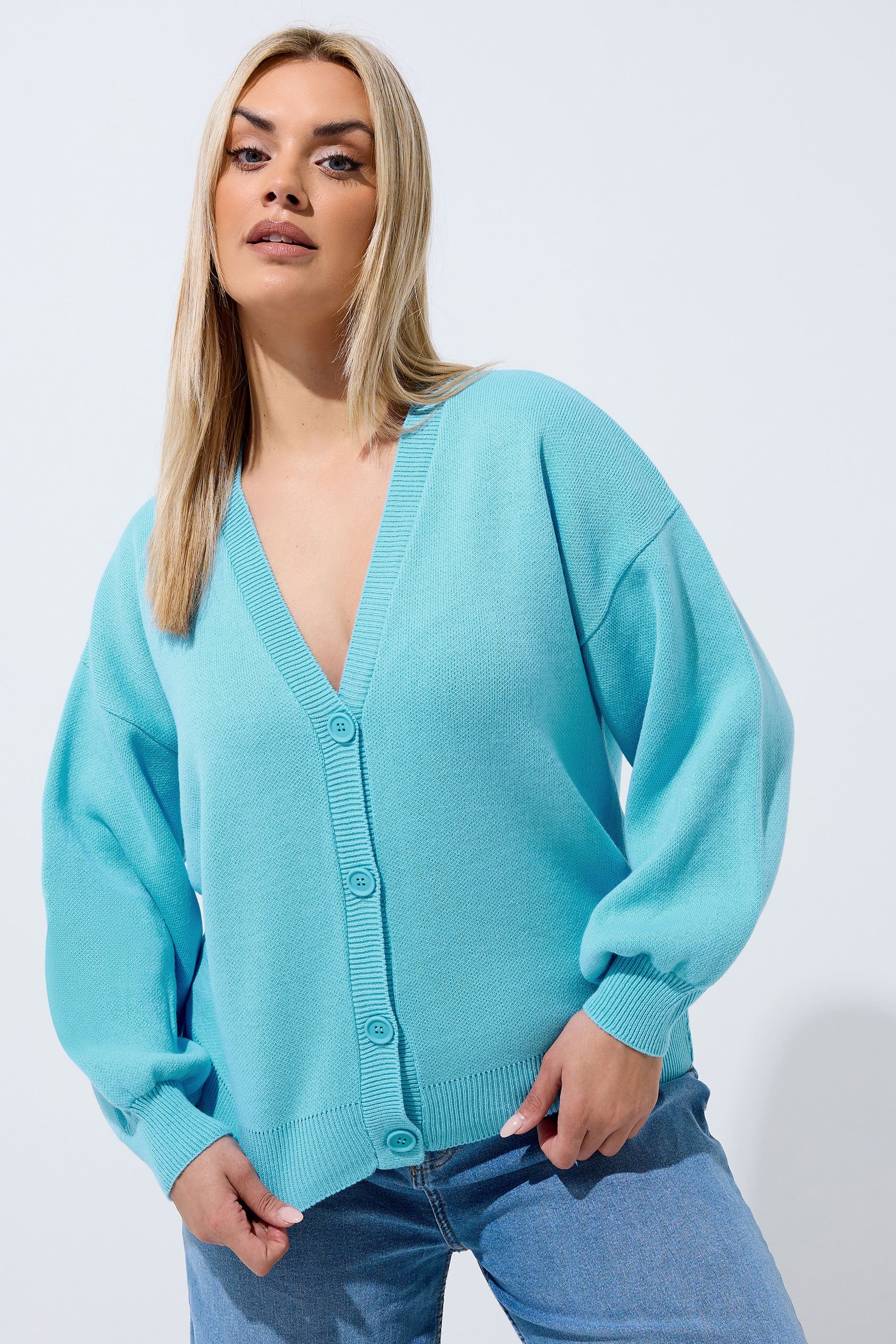 LIMITED COLLECTION Plus Size Light Blue Balloon Sleeve Knitted Cardigan | Yours Clothing 3