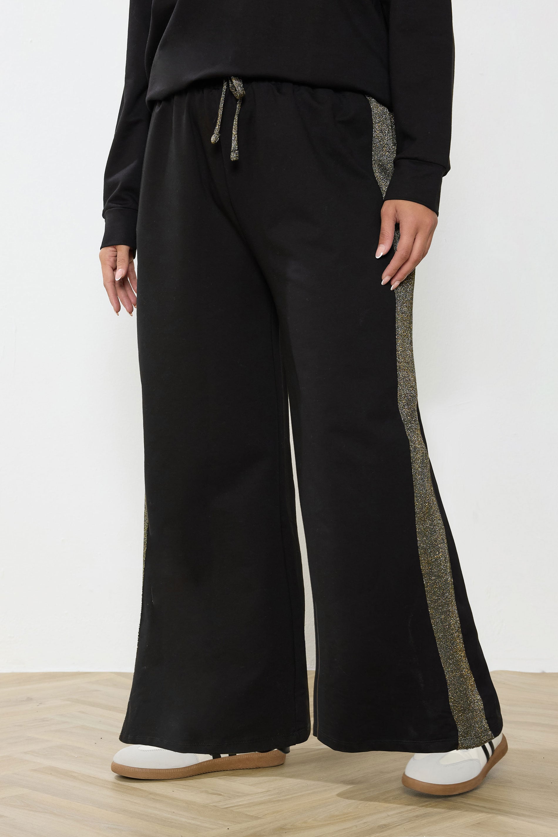 YOURS Plus Size Black Shimmer Side Stripe Wide Leg Joggers | Yours Curve 3