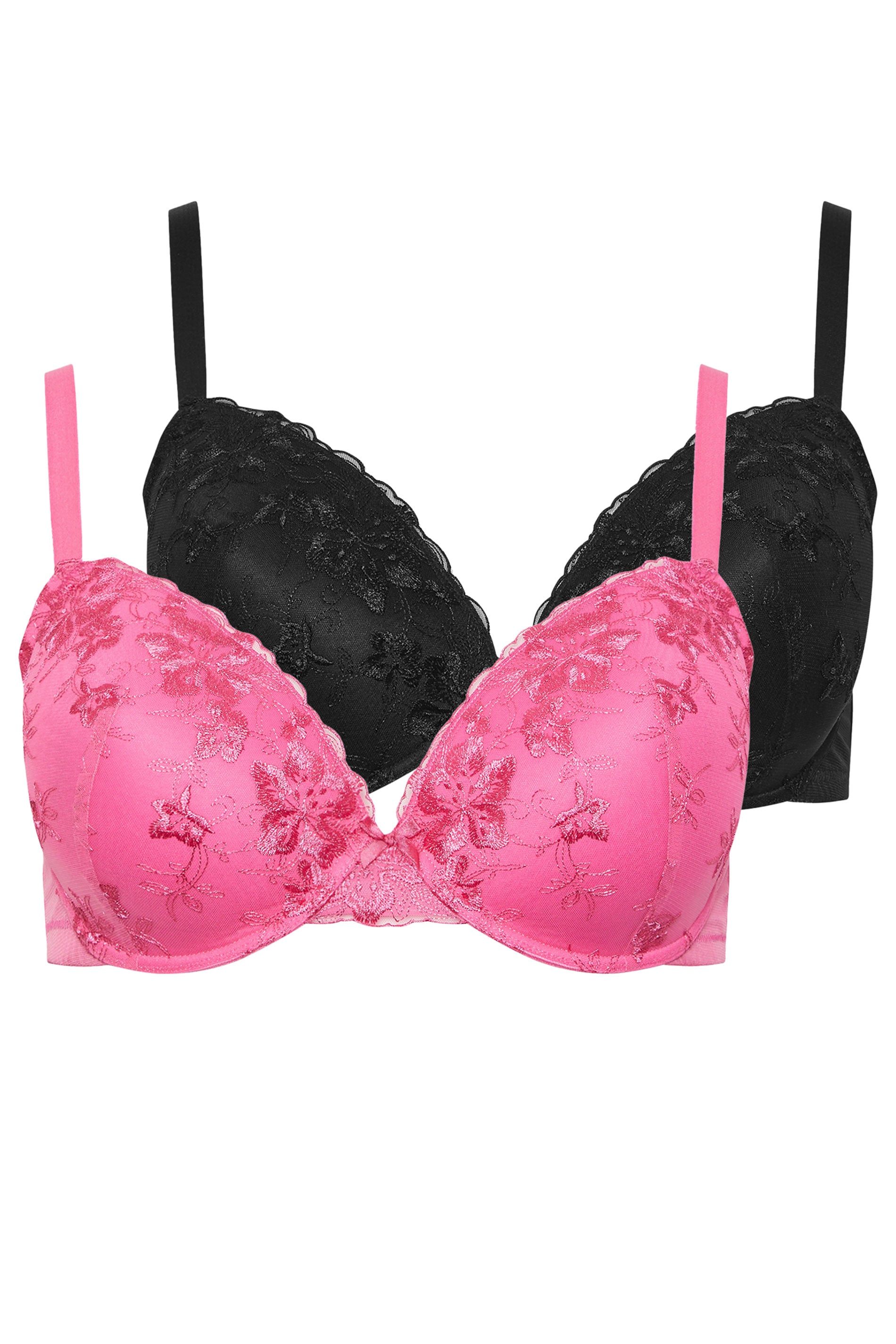 YOURSET 2 PACK Plus Size Black & Pink Floral Lace Embroidered Padded Bras | Yours Clothing 3