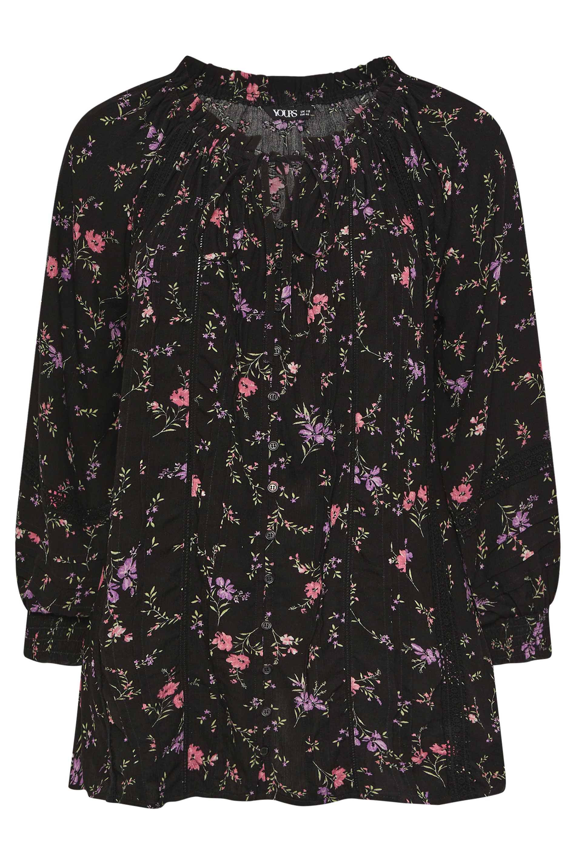YOURS Plus Size Black Ditsy Floral Tie Neck Top | Yours Clothing 5