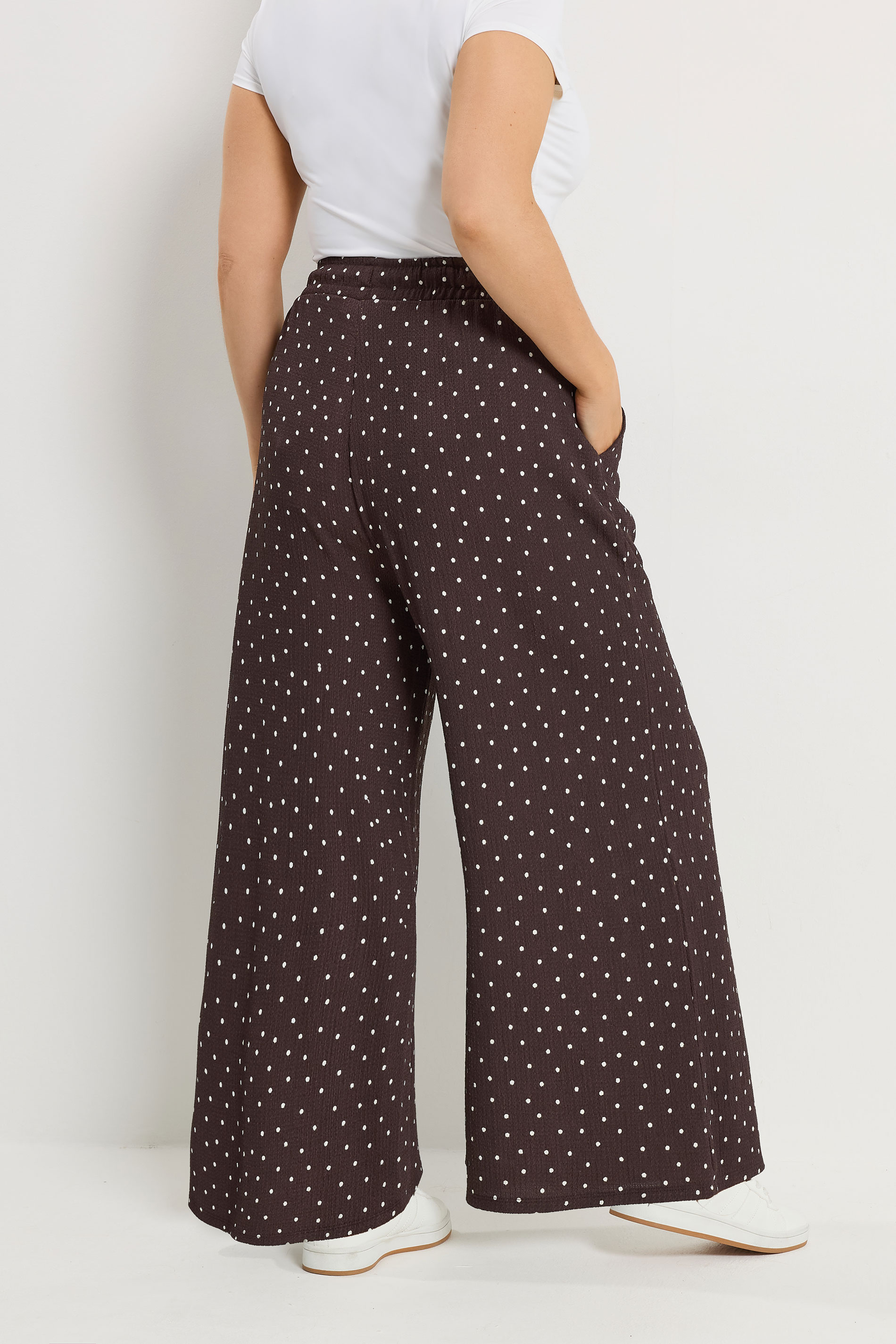 YOURS Plus Size Chocolate Brown Polka Dot Wide Leg Trousers | Yours Clothing 4
