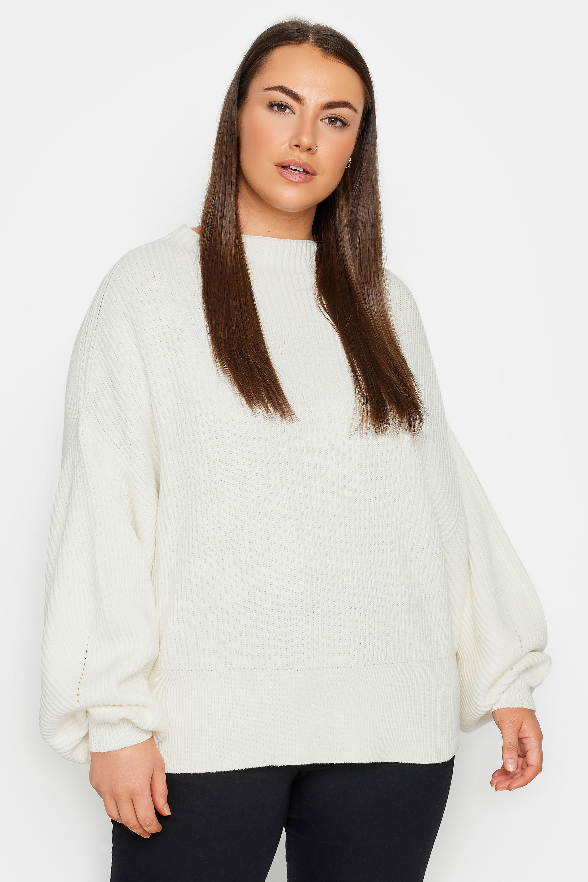 City Chic Ivory White Balloon Sleeve Knitted Jumper | Evans 1