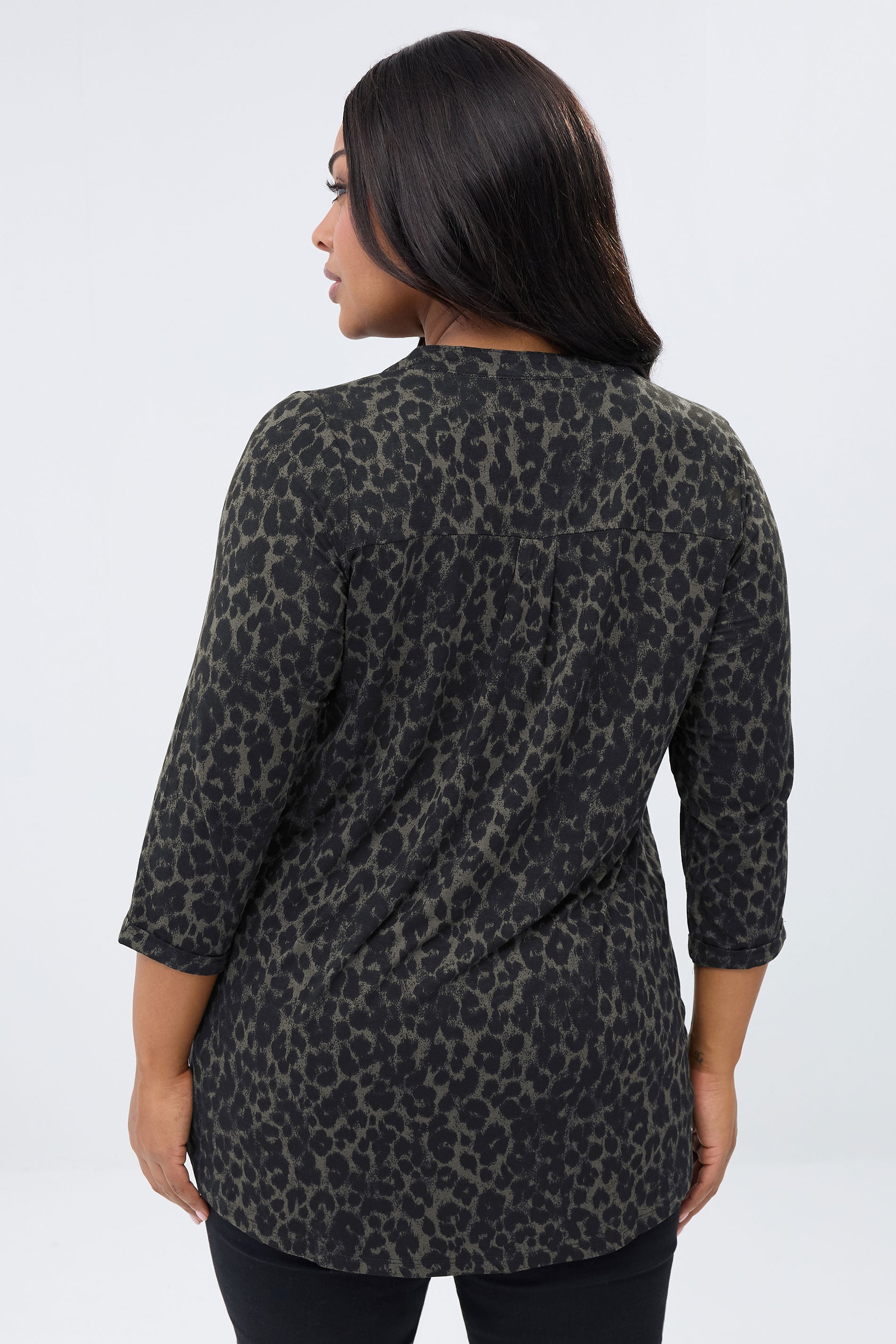 YOURS Plus Size Dark Green Leopard Print Placket Top | Yours Clothing 2