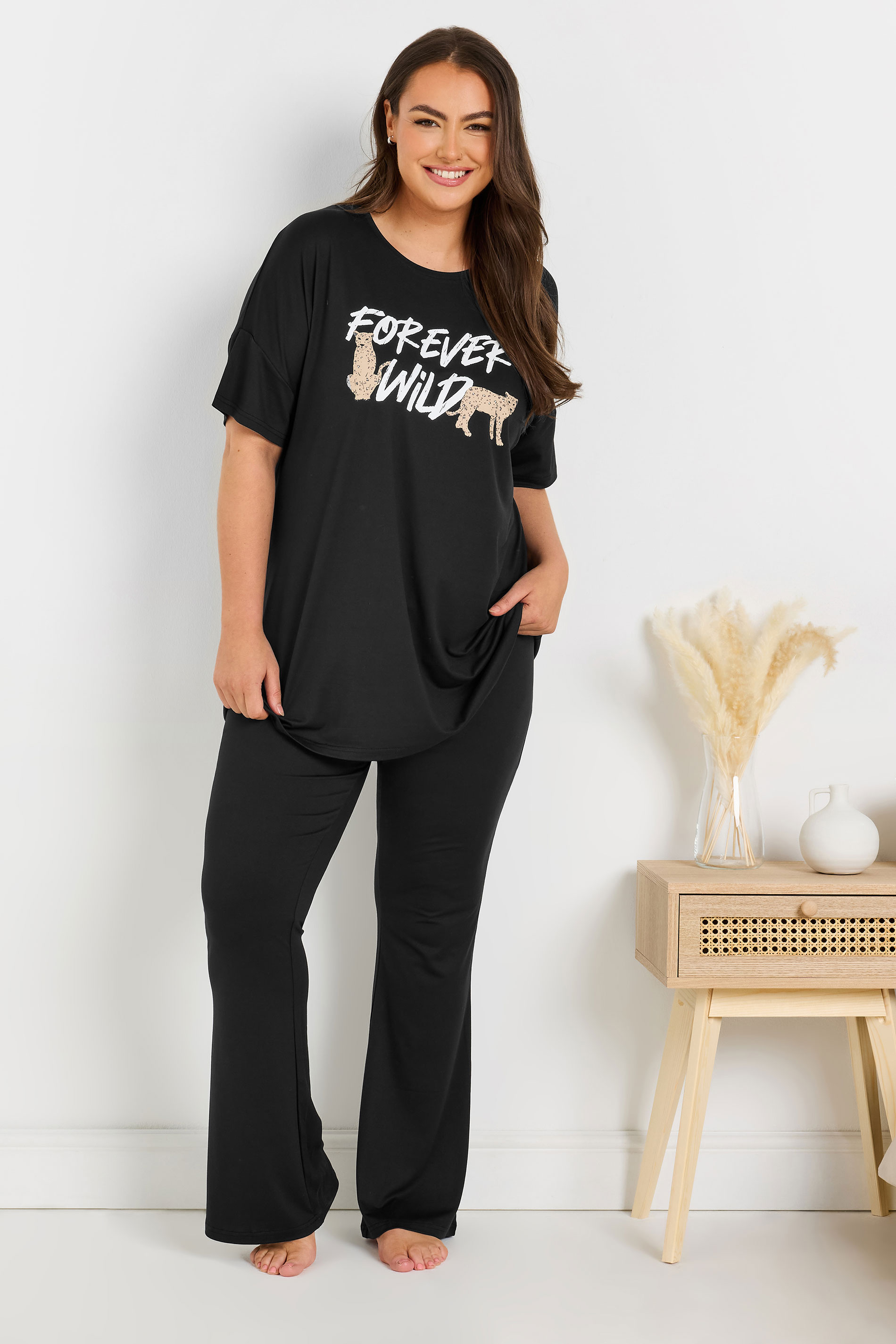 YOURS Plus Size Black 'Forever Wild' Soft Touch Pyjama Top | Yours Clothing 1