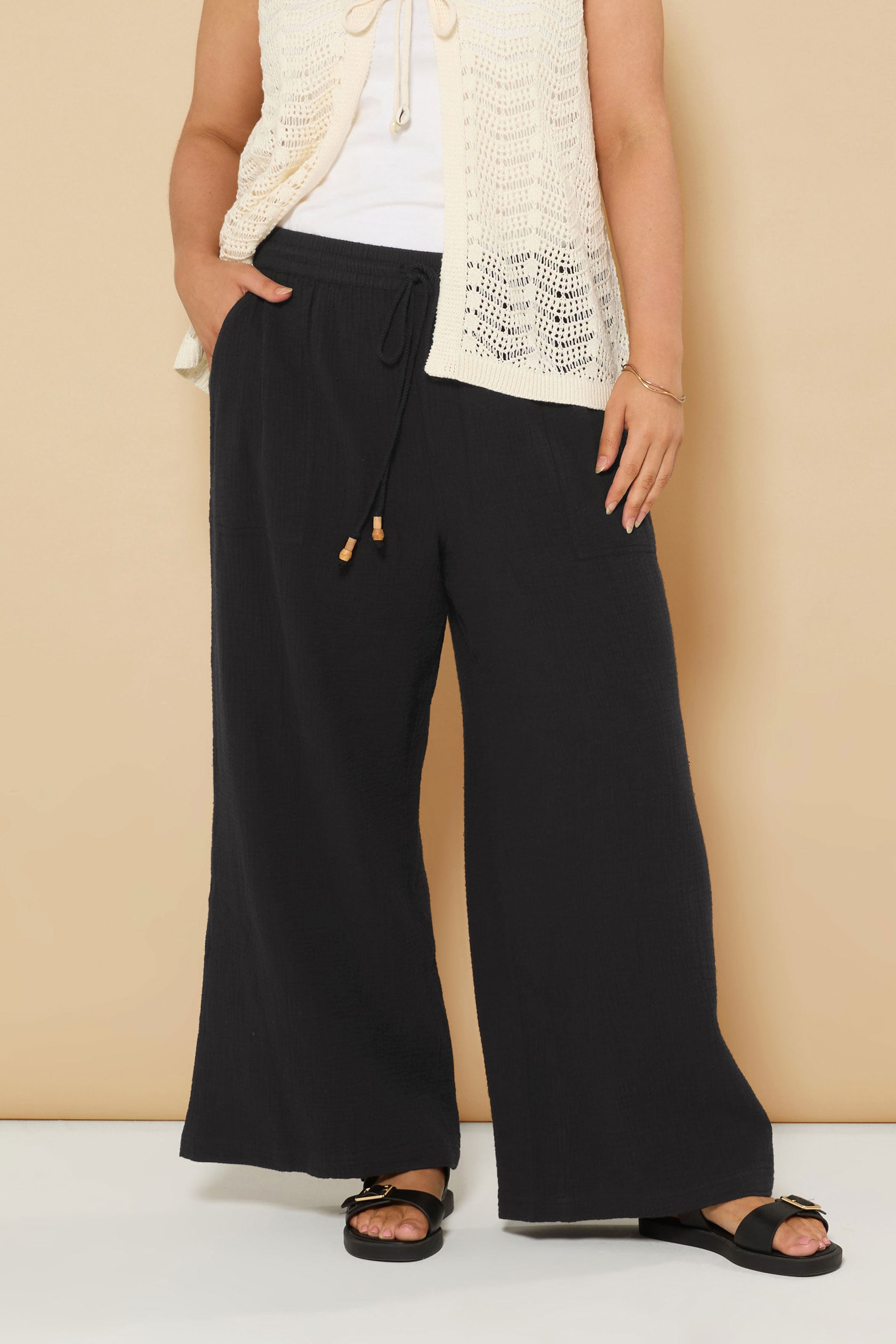 YOURS Plus Size Black Cheesecloth Beaded Wide Leg Trousers | Yours Clothing 3