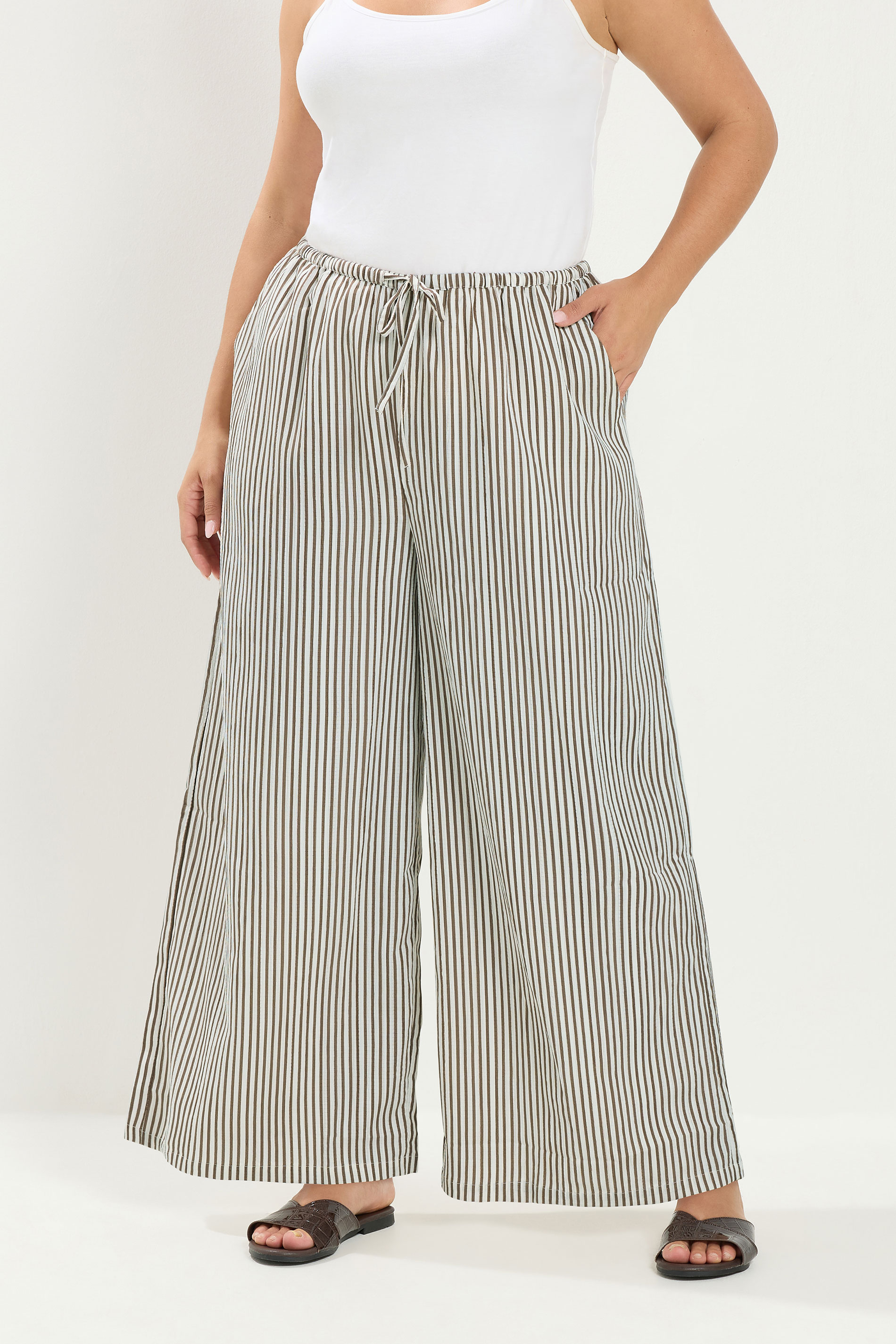 YOURS Plus Size Brown & White Striped Wide Leg Trousers | Yours Clothing 3