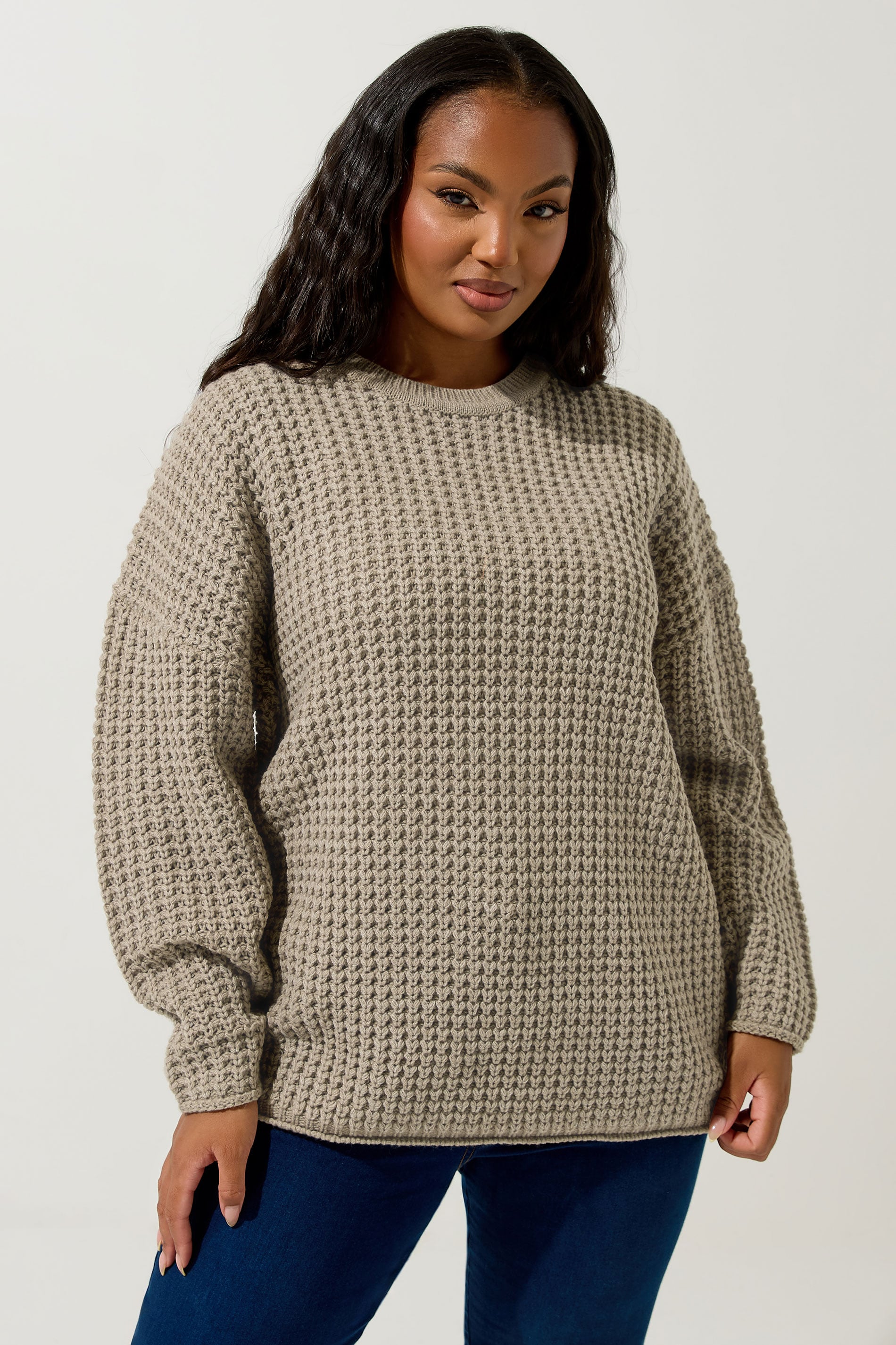 YOURS Plus Size Natural Brown Waffle Knit Jumper | Yours Clothing 3