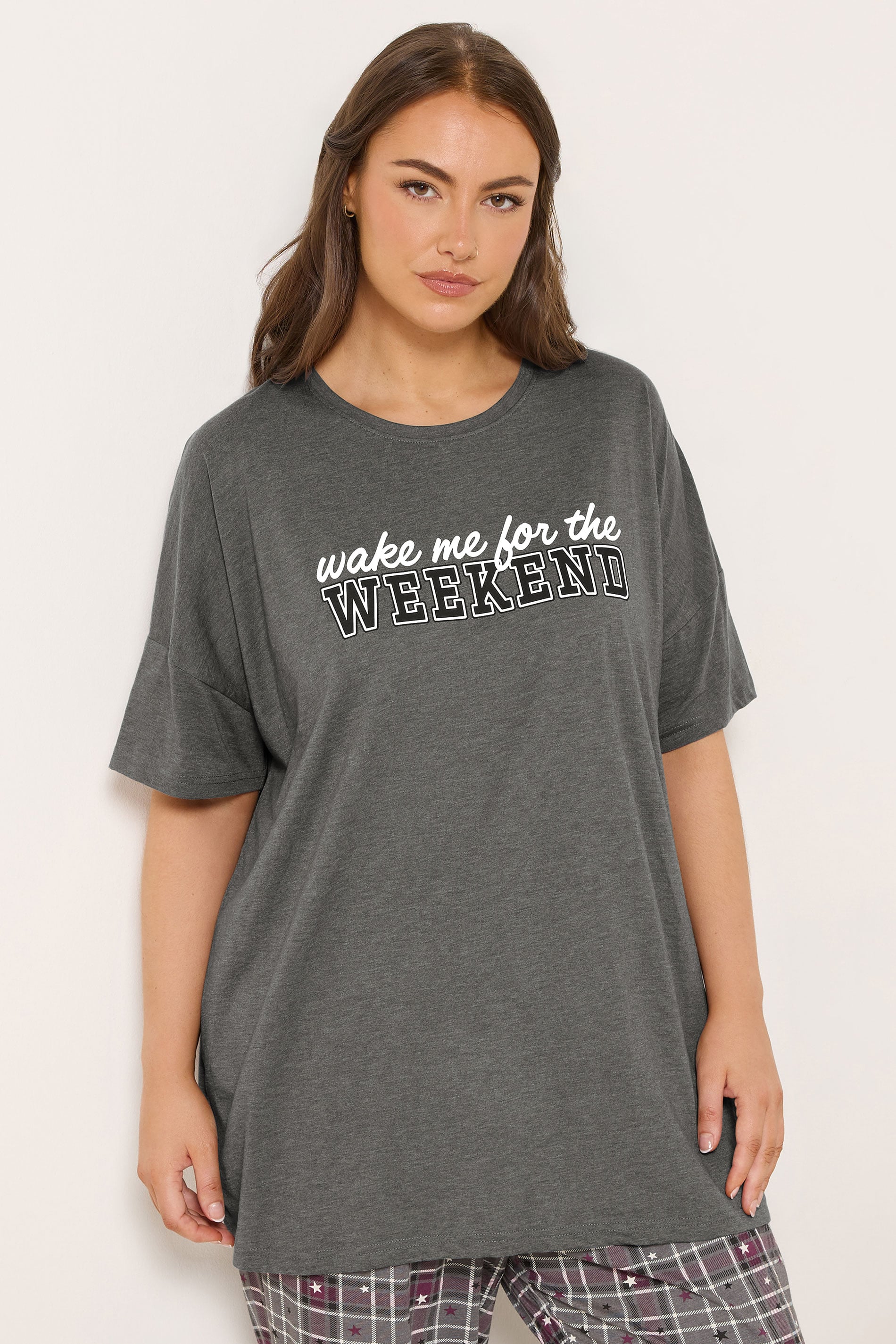 YOURS Plus Size Grey 'Wake Me For The Weekend' Slogan Pyjama Top | Yours Clothing 1