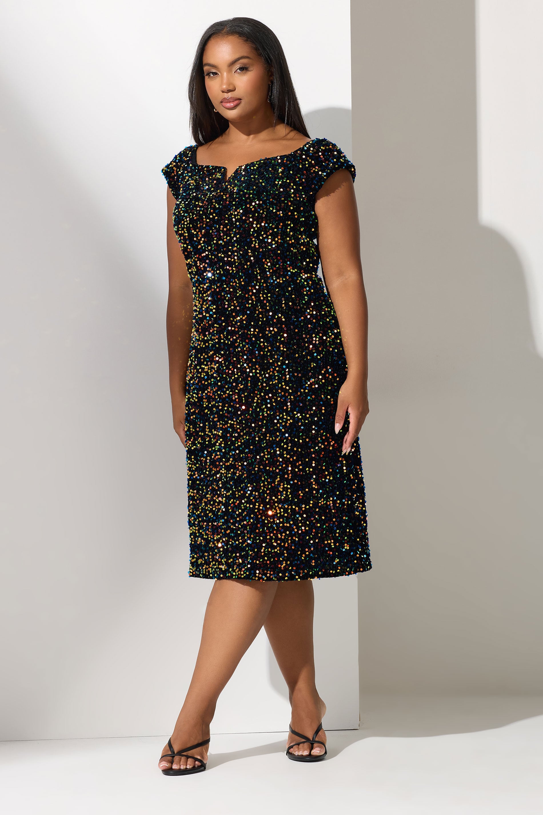 YOURS LONDON Plus Size Black Sequin Velvet Bardot Dress | Yours Clothing 3