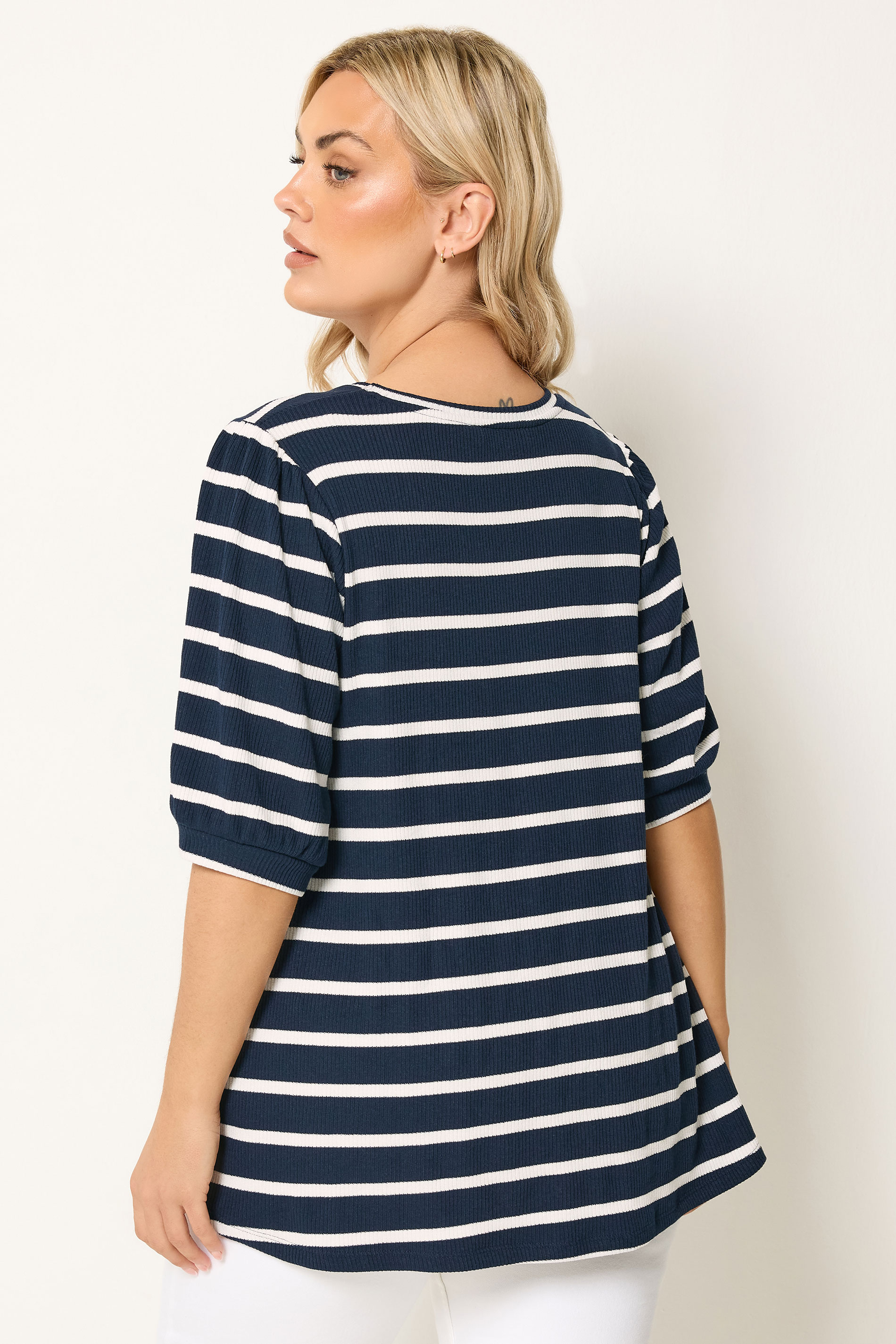 YOURS Plus Size Navy Blue Stripe Puff Sleeve Top | Yours Clothing 2