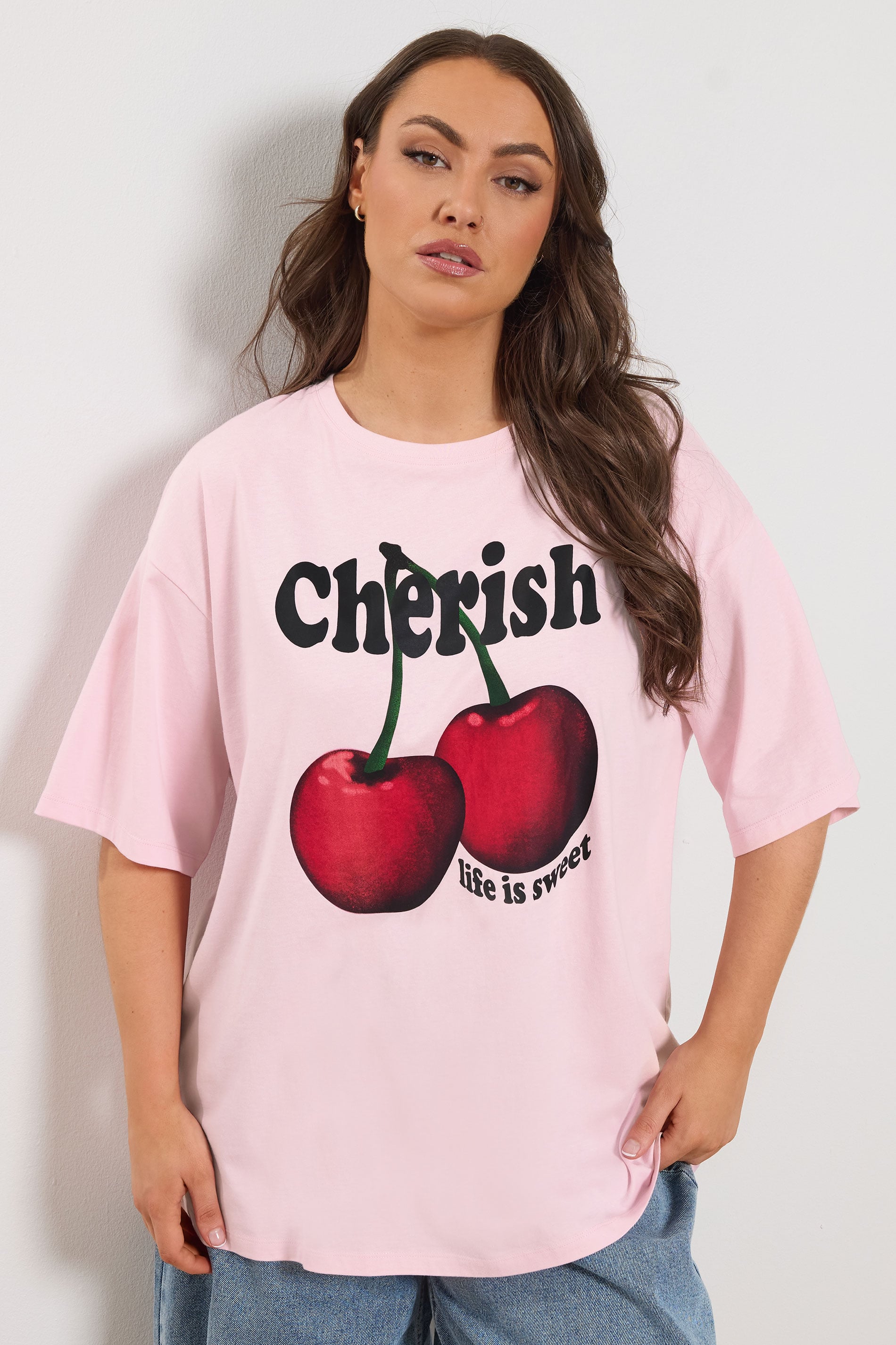 YOURS Plus Size Pink 'Cherish' Cherry Slogan T-Shirt | Yours Clothing 3