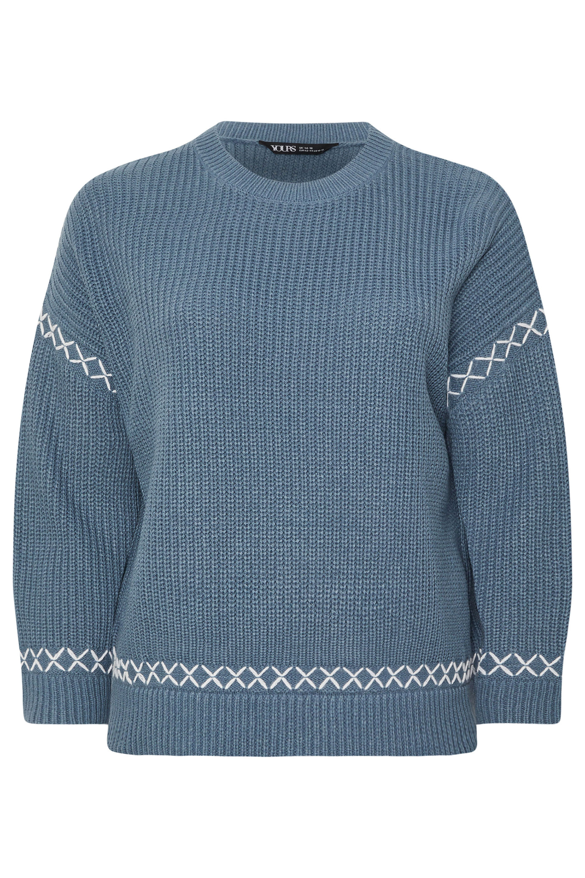 YOURS Plus Size Blue Blanket Stitch Jumper | Yours Clothing 6