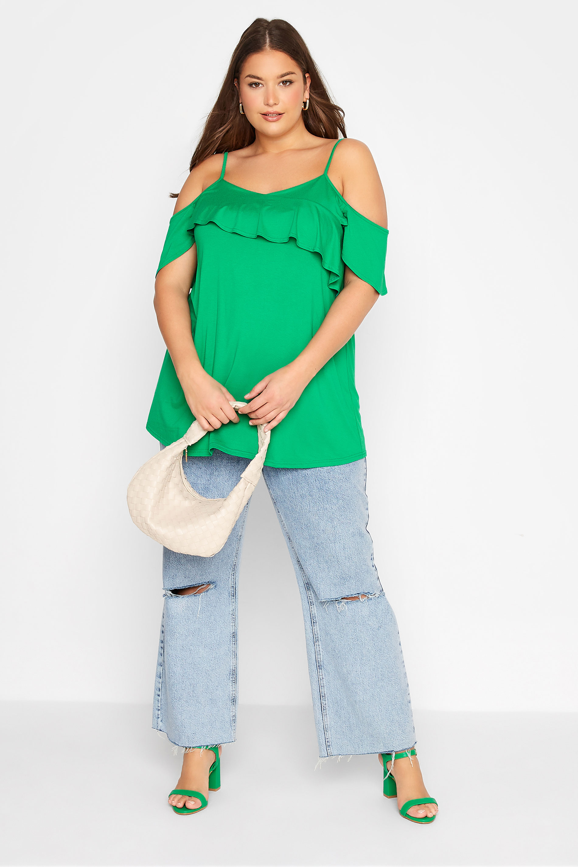 Plus Size Apple Green Frill Cold Shoulder Top | Yours Clothing 2