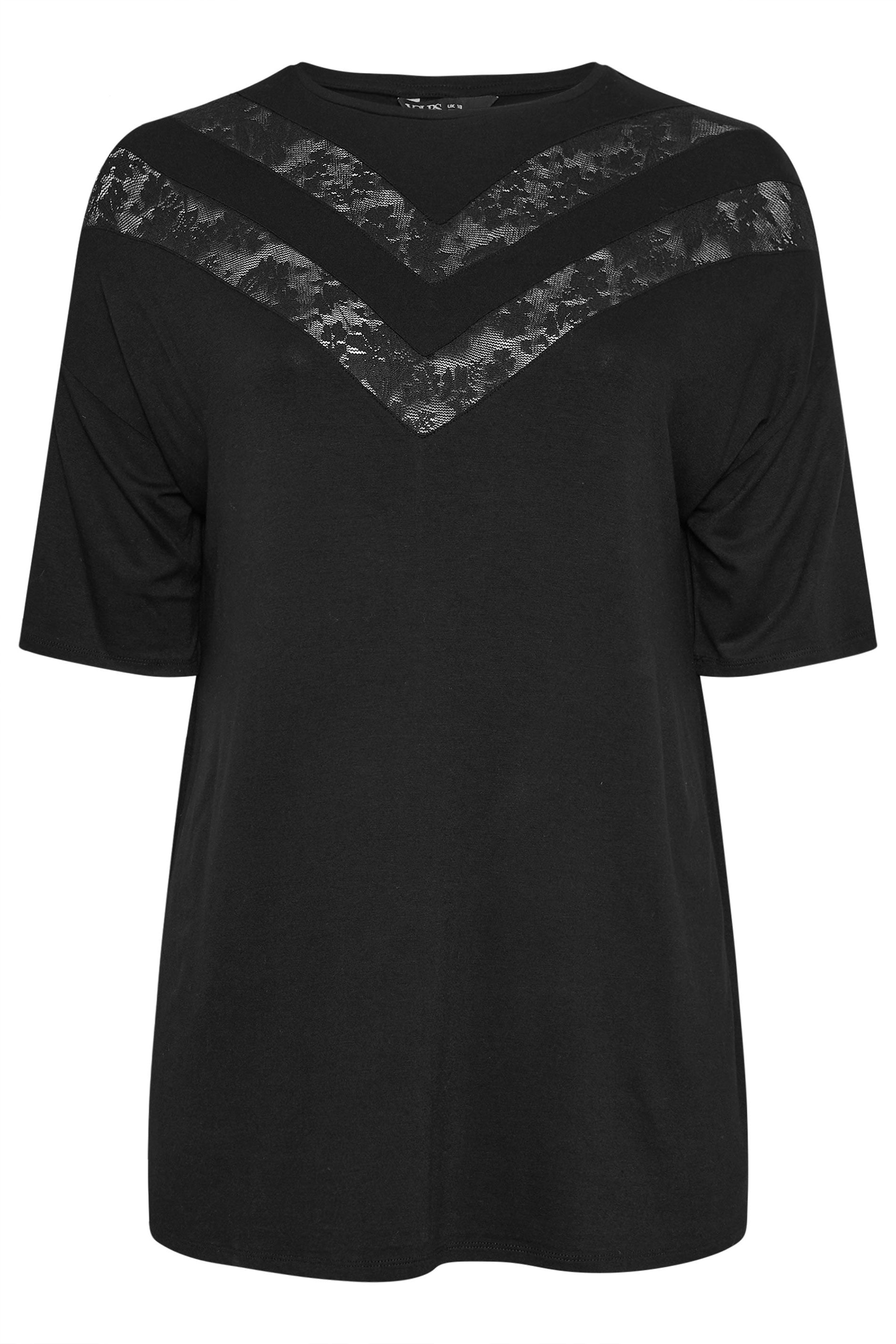 YOURS Plus Size Black Chevron Lace Insert T-Shirt | Yours Clothing 5