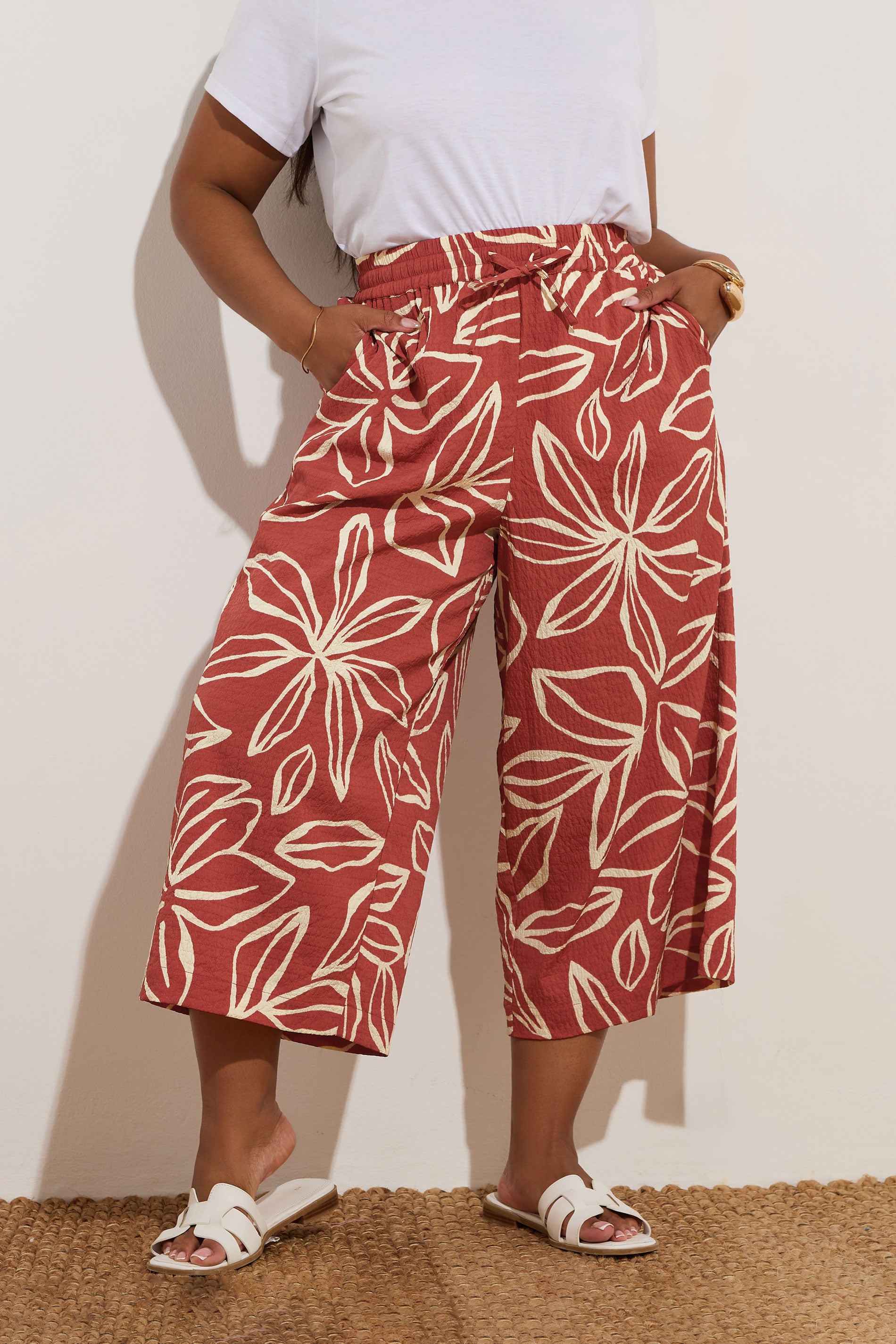 YOURS Plus Size Rust Orange Textured Floral Midaxi Culottes | Yours Clothing 3